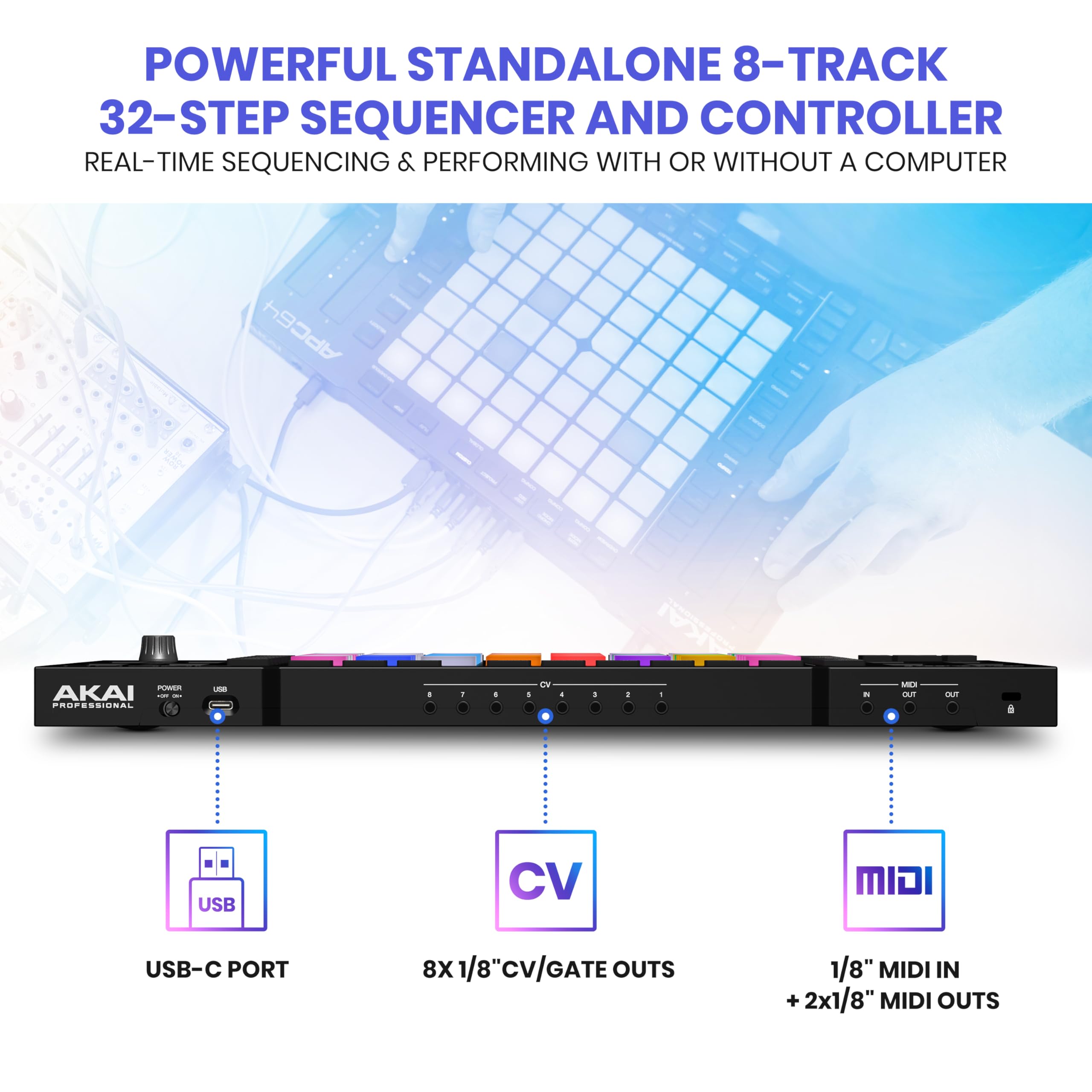 Akai Professional Apc64 Ableton Midi Controller With 8 Touch Strips, Step Sequencer, 64 Rgb Velocity Sensitive Pads, Cv Gates, Midi In & Out, Usb C