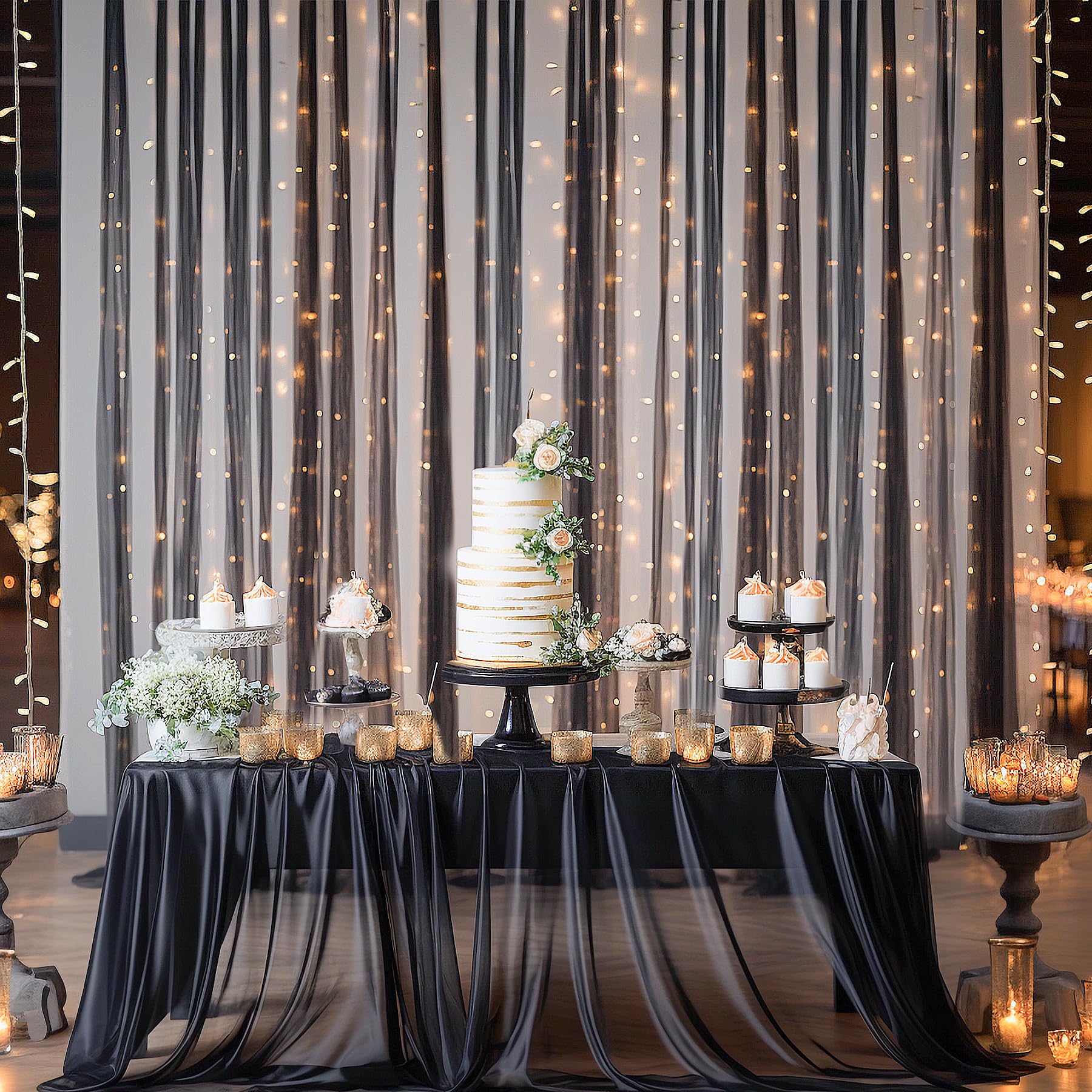 10  10Ft Black Tulle Backdrop Curtain With Lights String For Parites, Sheer Curtain Backdrop Drapes For Wedding Party Home Decor