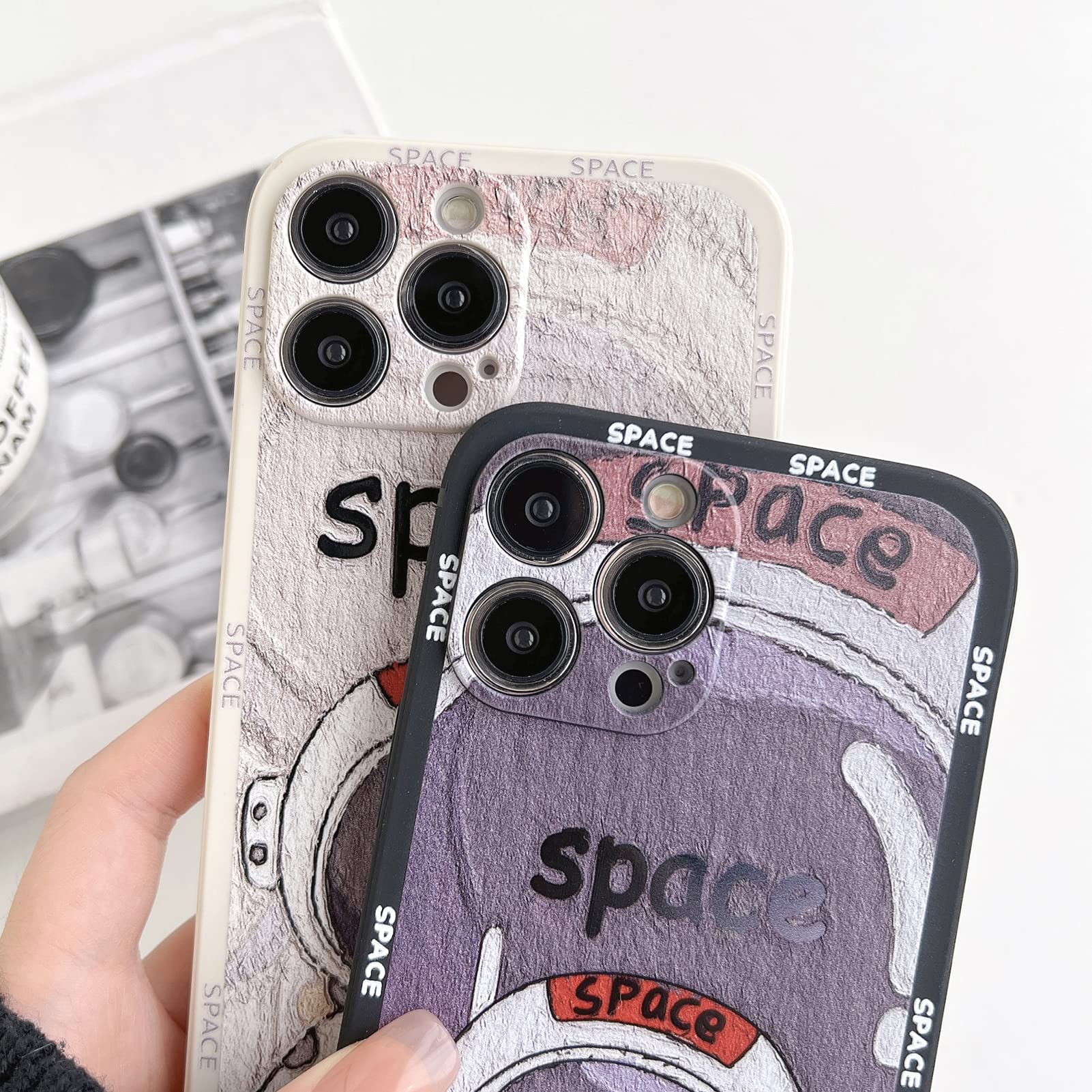 Yonds Queen Cell Phone Case for iPhone 12 Cartoon Astronaut Space Moon Planet Design Shockproof TPU Draw White
