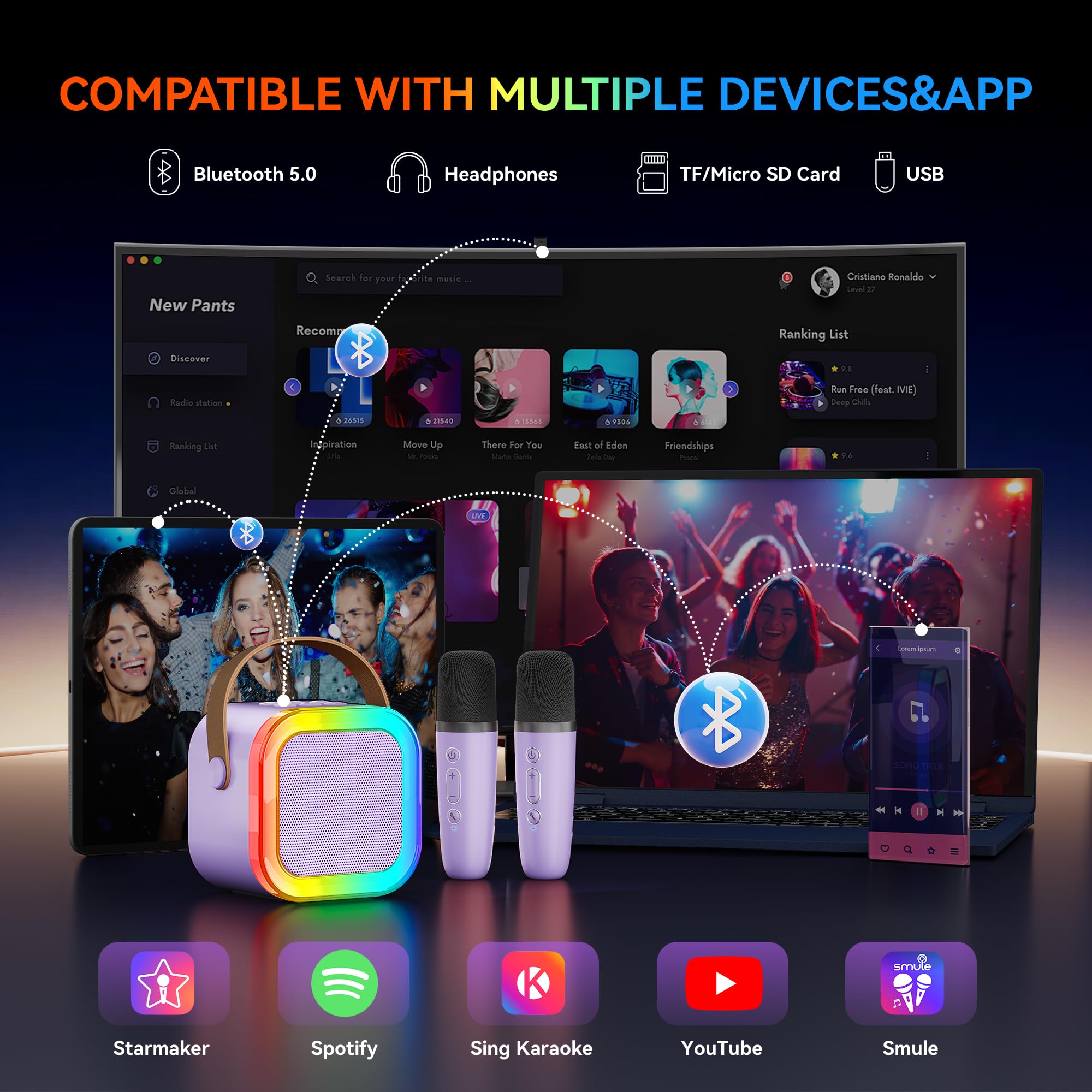 Karaoke Machine For Kids Adults, Portable Bluetooth Mini Karaoke Microphone Singing Speaker With 2 Wireless Mic, Kids Toys,Birth