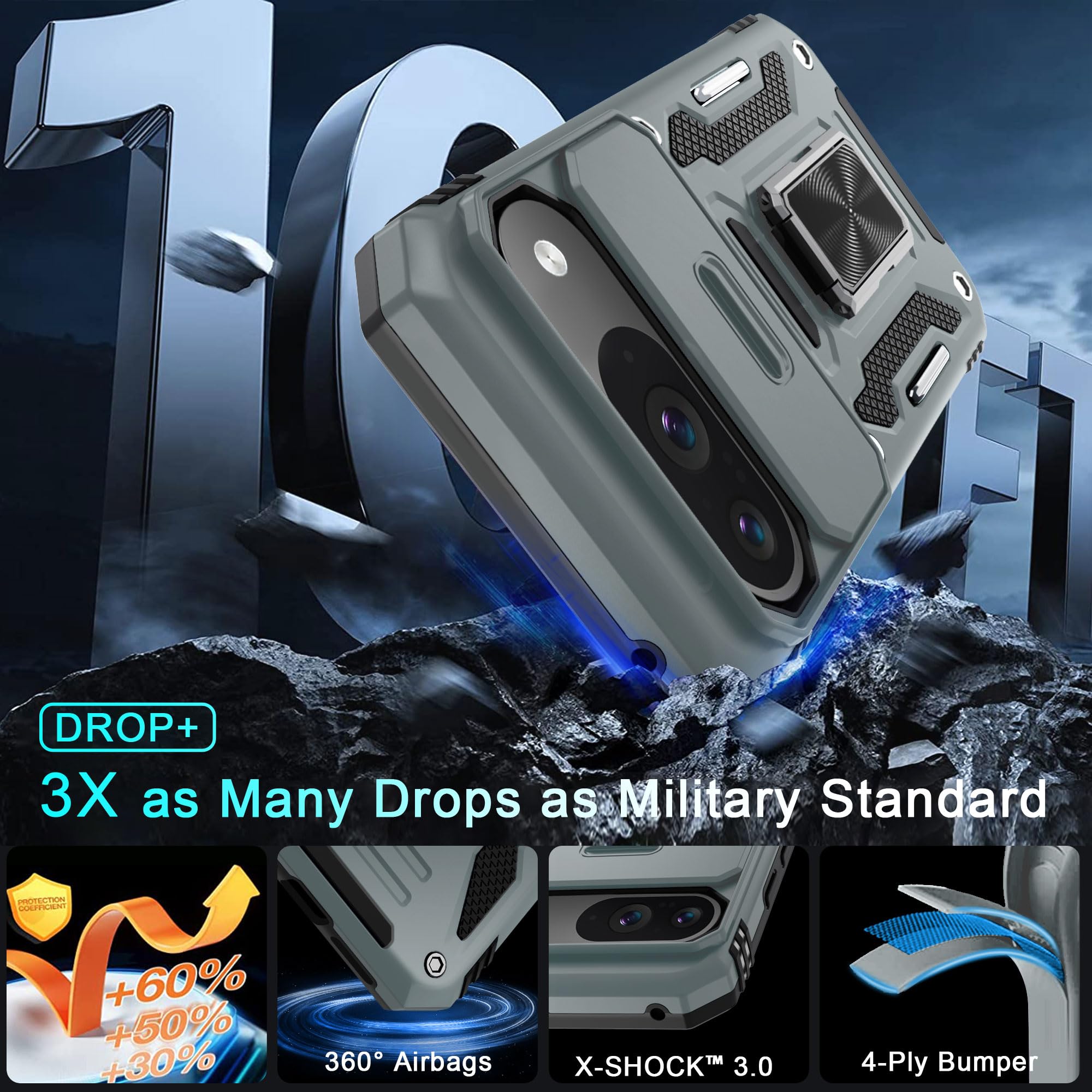 Deerlamn Case For Google Pixel 9/9 Pro With Slide Camera Cover+Screen Protector(1 Pack), Rotated Ring Kickstand Military Grade S