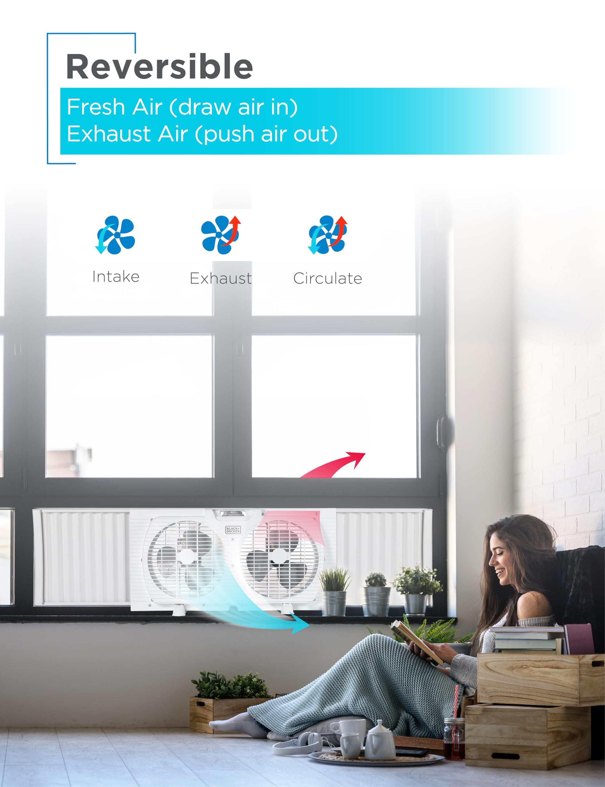 Black+Decker 9'' Dual Window Fan For Window Screen With 2 Speed Settings, Twin Window Fan With Mechanical Controls And Removable