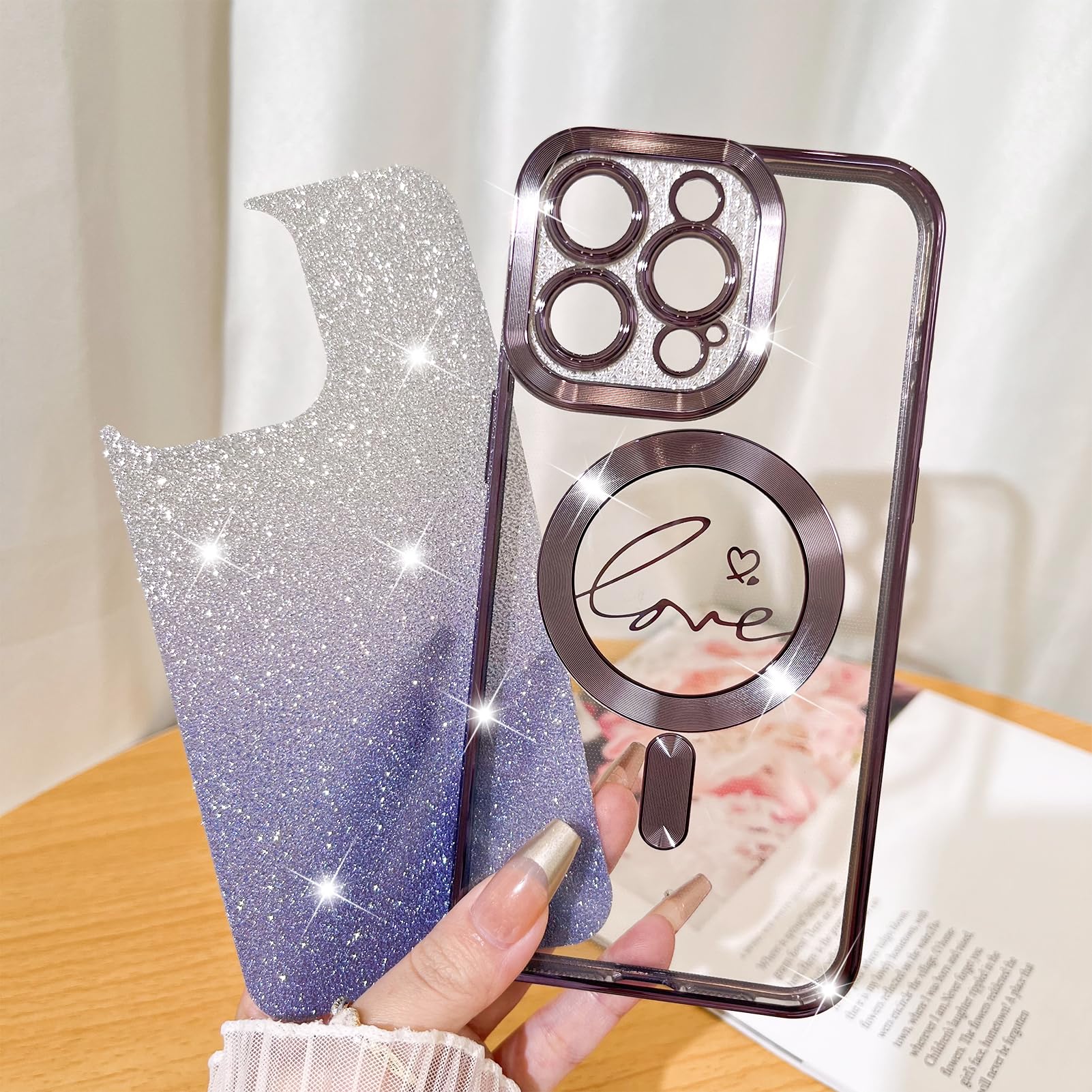 Fiyart Designed For Iphone 15 Pro Case,Compatible With Magsafe Love Heart Plating Camera Protection Clear Phone Case, Magnetic G