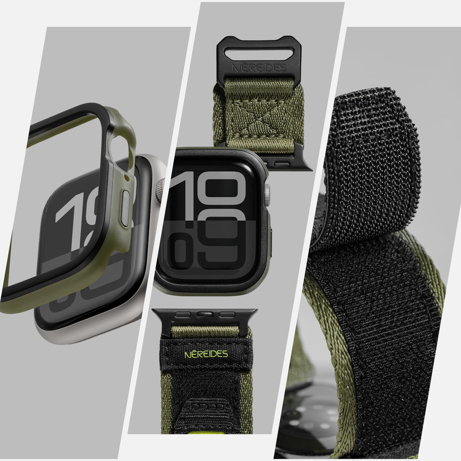 Rugged Case With Band For Apple Watch Series 10 Band 46Mm, Hook And Loop Nylon Sport Strap With Case For Iwatch Men(Army Green)