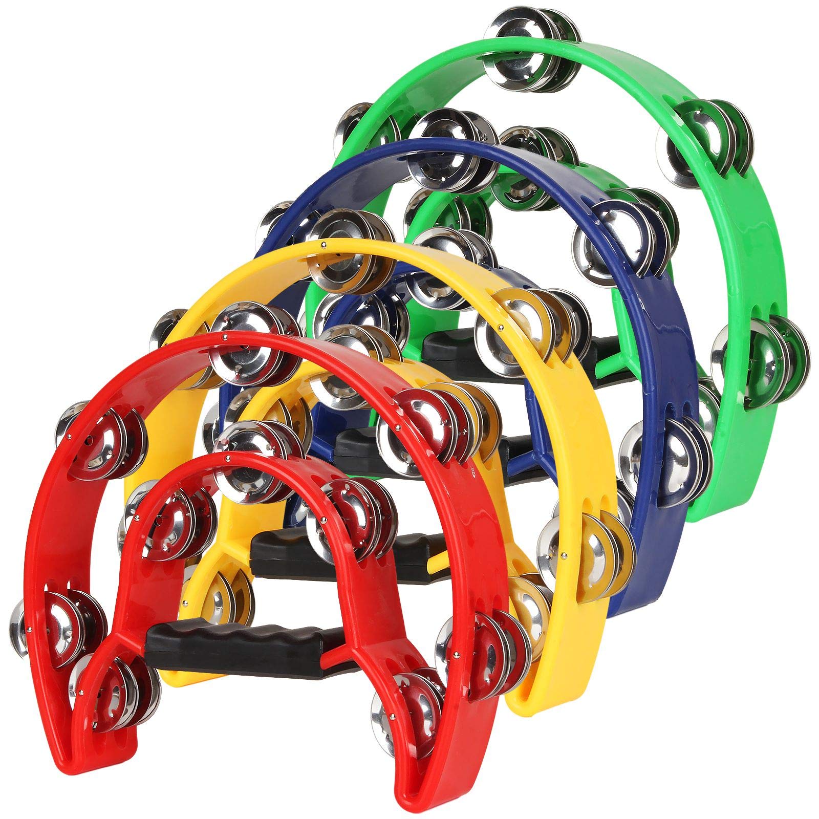 4 Pack 9 Double Row Tambourine Metal Jingles Hand Held Percussion Drum, Half Moon Musical Tambourine, Plastic Musical Percussio