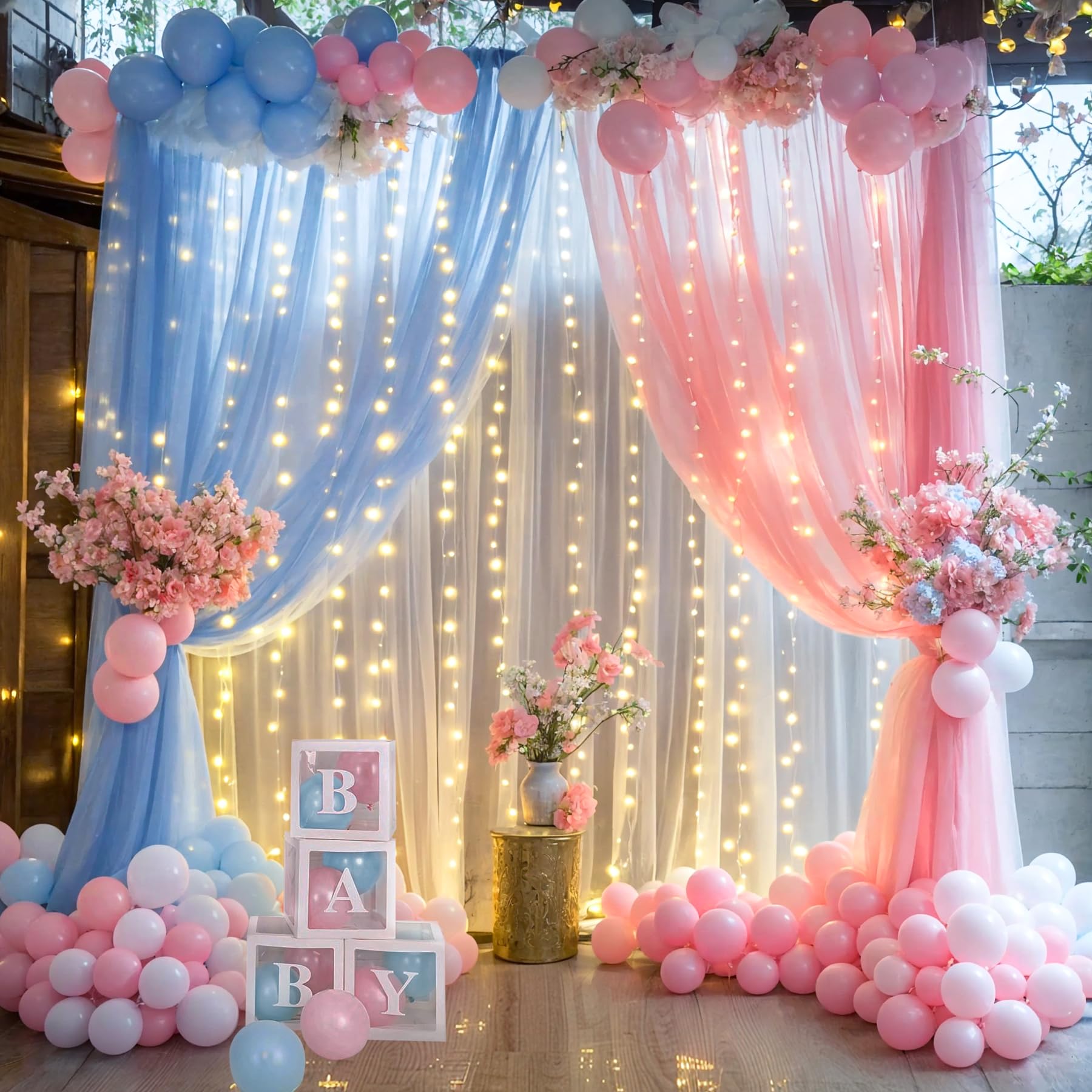 Pink And Blue Backdrop Curtains With Lights String For Baby Shower Sheer Tulle Backdrop Curtain For Gender Reveal Birthday Party
