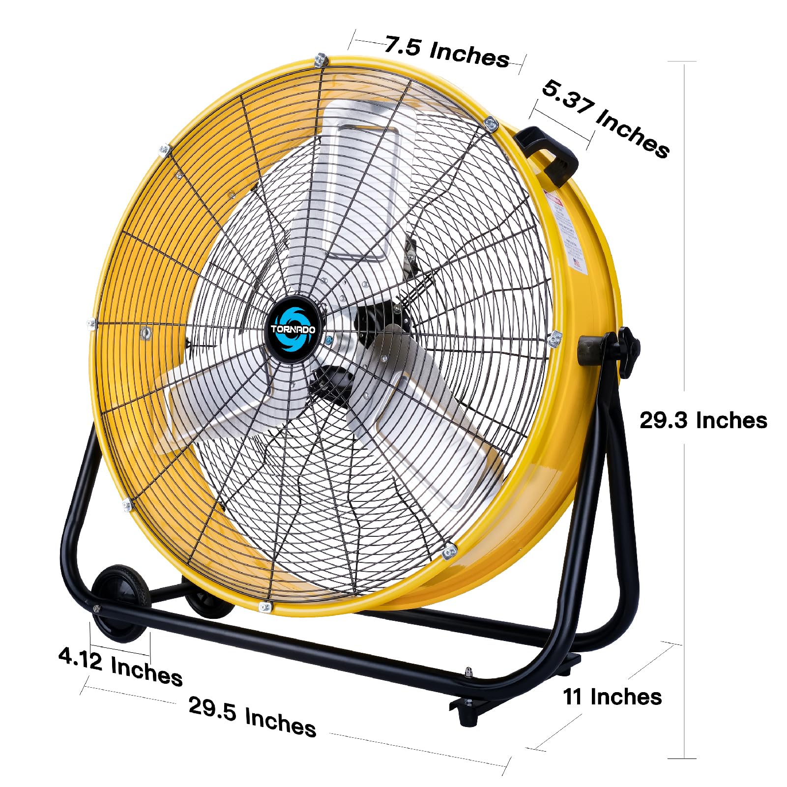 Tornado   24 Inch High Velocity Heavy Duty Tilt Metal Drum Fan Yellow Commercial, Industrial Use 3 Speed 8540 Cfm 1/3 Hp 8 Ft Co