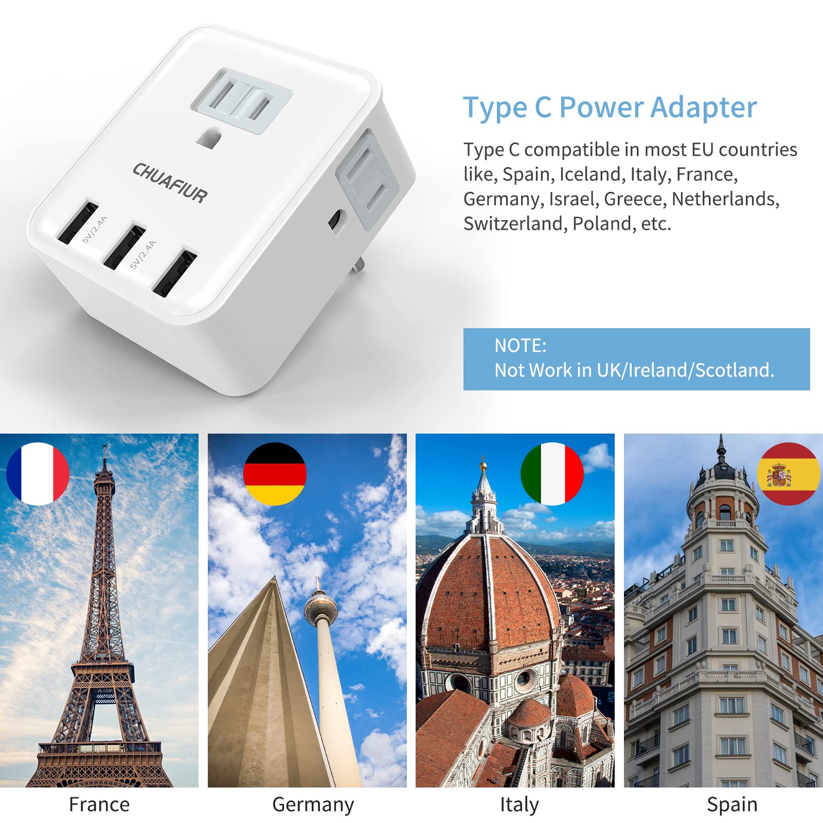 Chuafiur European Travel Plug Adapter, International Power Plug Adapter With 3 Usb Ports And 3 Ac Outlets, Power Converter Us To