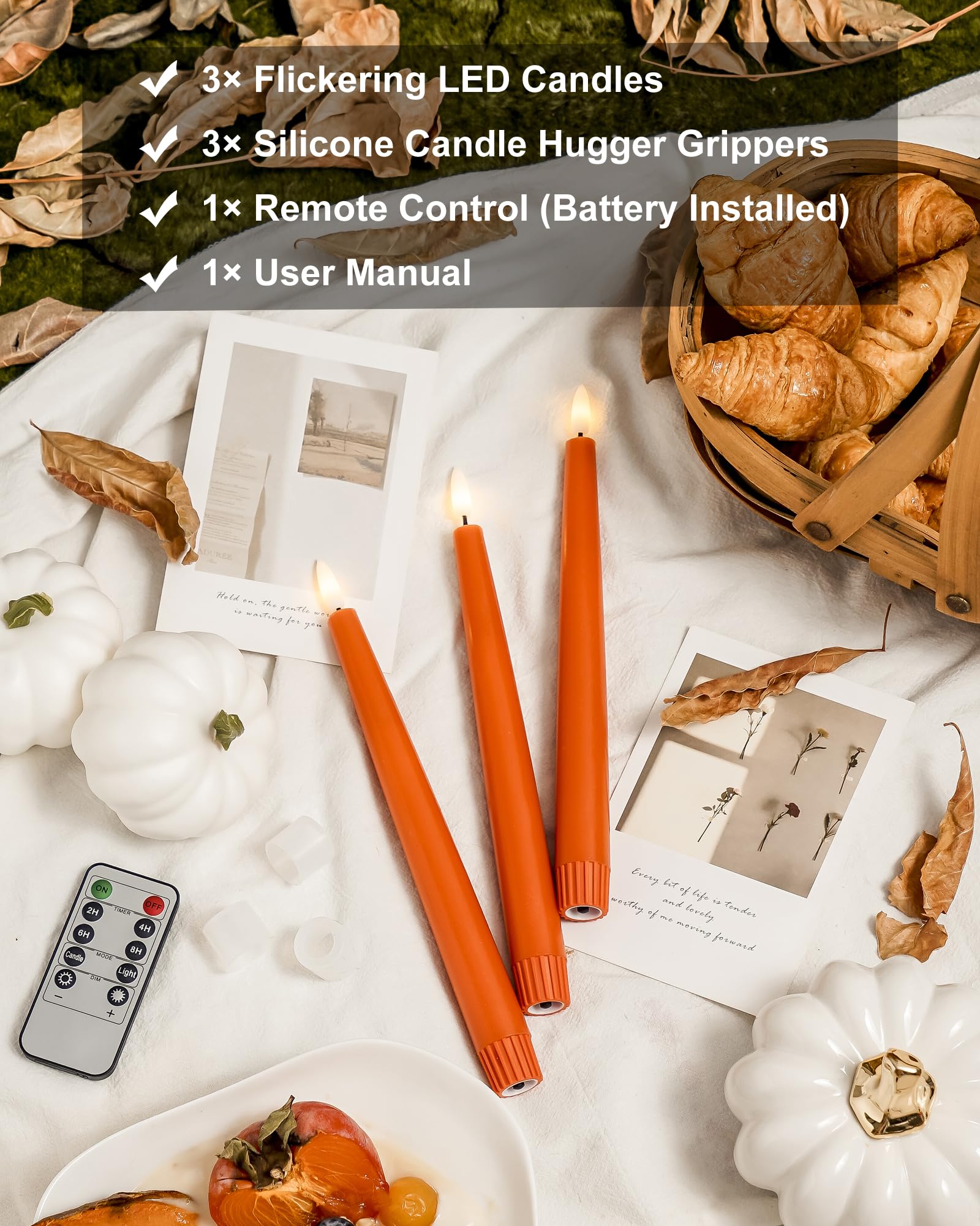 Stmarry Orange Flameless Taper Candles With Remote And Timer, 9.65 Inch Real Wax Led Candlesticks, Fall Taper Candles Battery Op