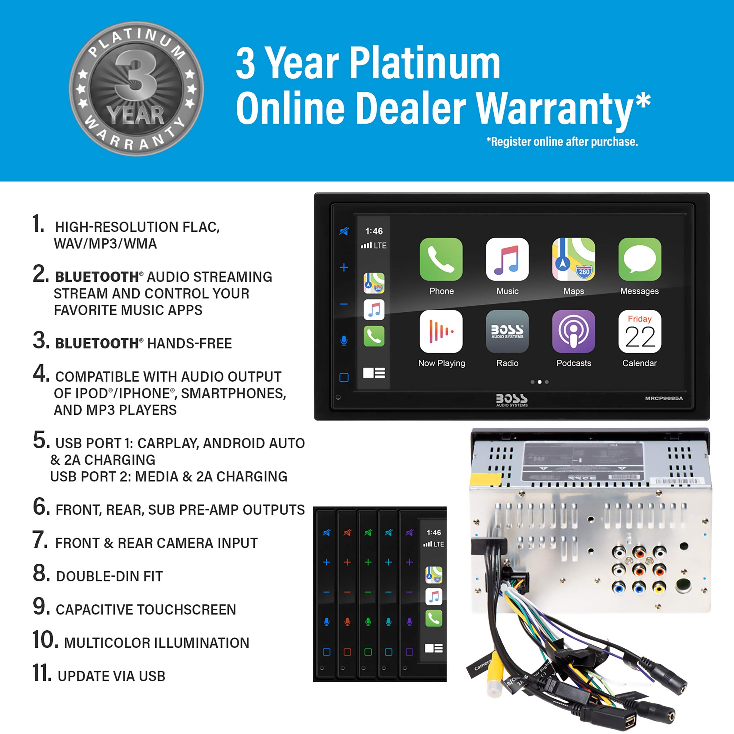 Boss Audio Systems Marine Rated Weatherproof Mrcp9685A Apple Carplay Android Auto Multimedia Player   Double Din, 6.75 Inch Lcd