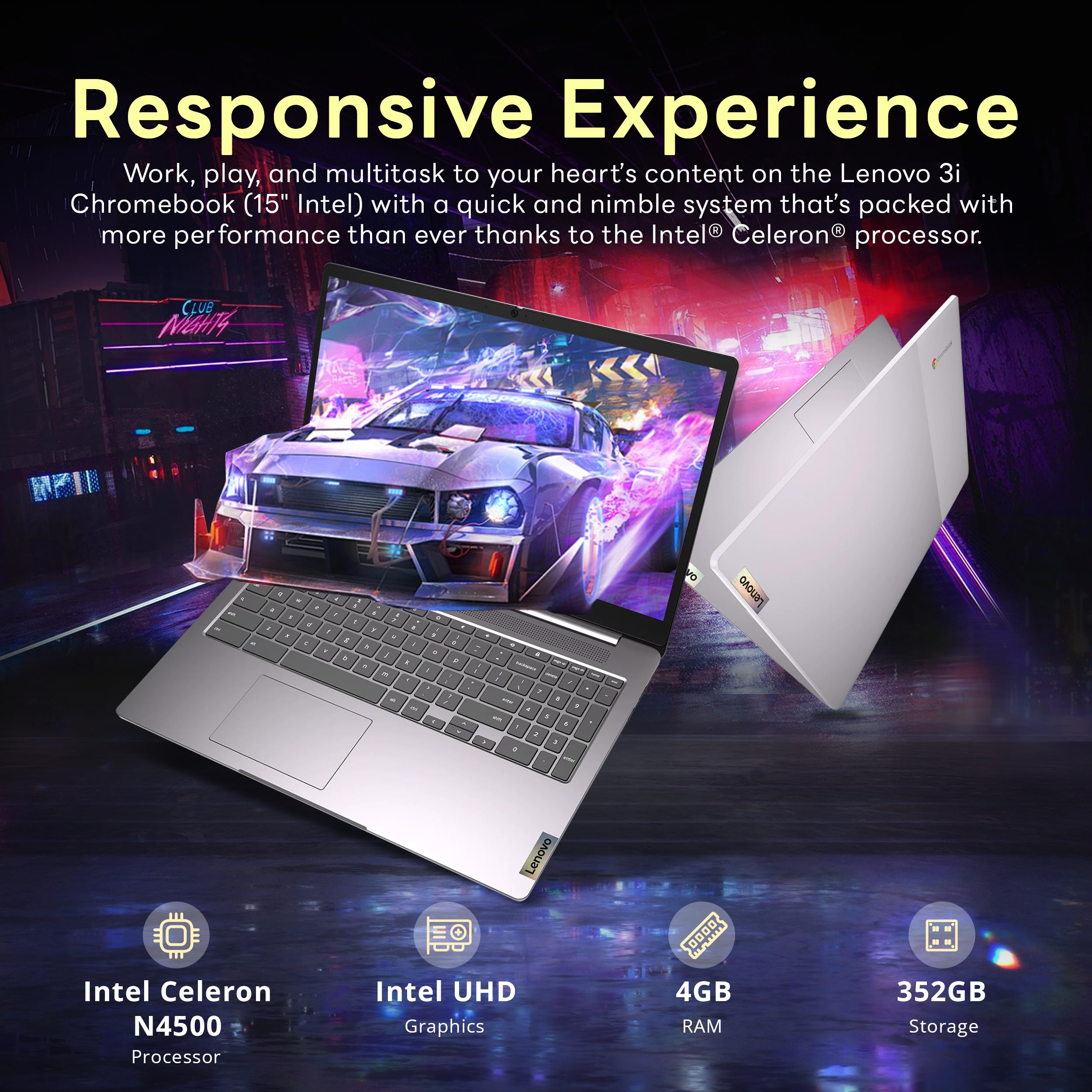 Lenovo Ideapad 3 15.6 Fhd Chromebook, Intel Celeron N4500, 4Gb Ram, 352Gb Storage (64Gb Ssd+288Gb Docking Station Set), Intel Uh