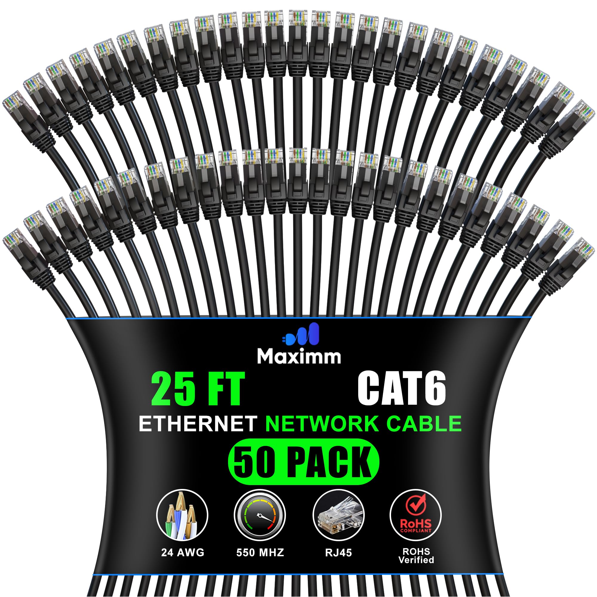 Maximm Cat 6 Ethernet Cable - 25 ft (50-Pack) - High-Speed LAN, Internet, Patch, and Network Cable - UTP, 10Gbps, 550MHz Etherne
