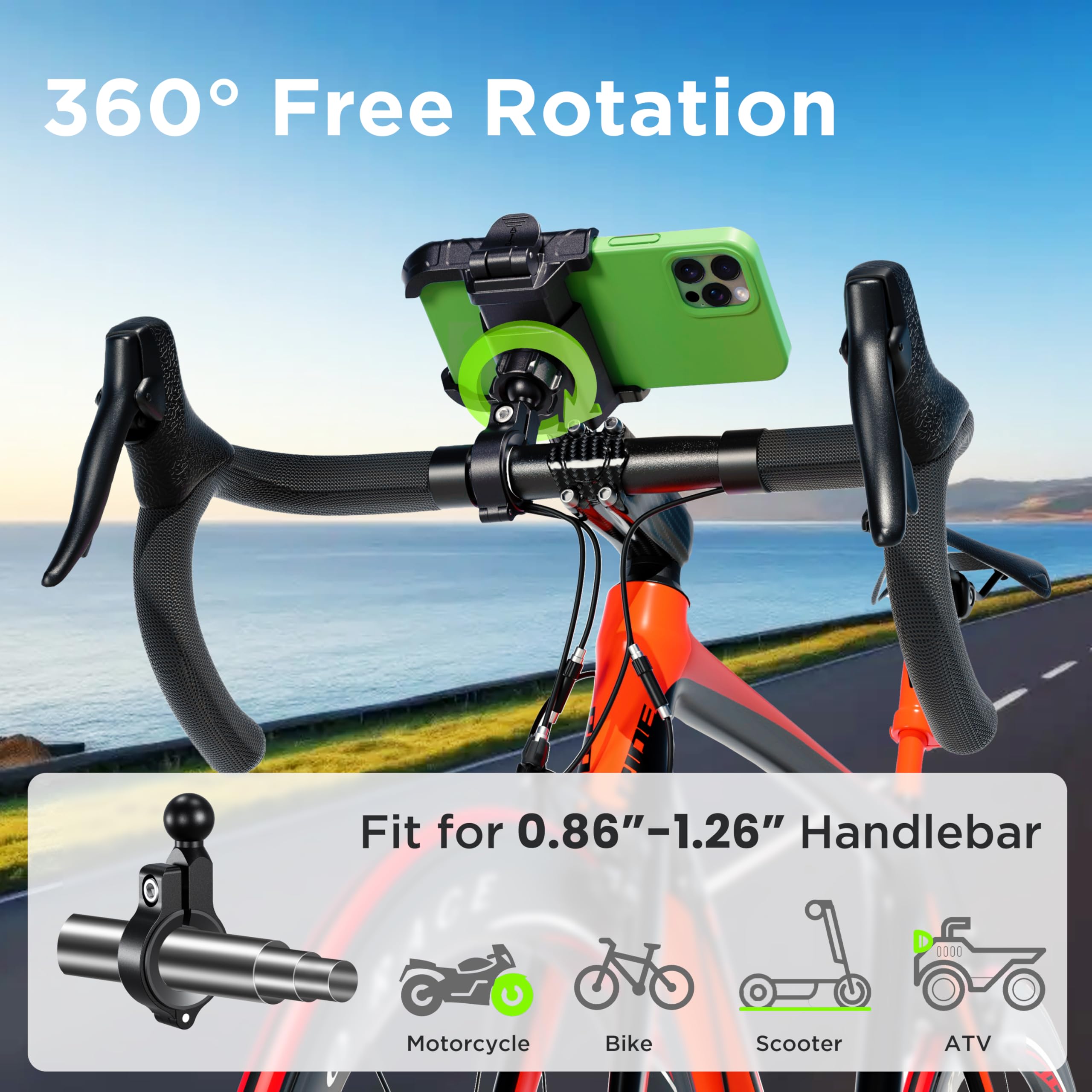 Thlevel Bike Phone Mount Holder No Block Camera Motorcycle Cell Phone Holder Quick Lock 360 Rotate For Iphone 16 Pro Max For Sam