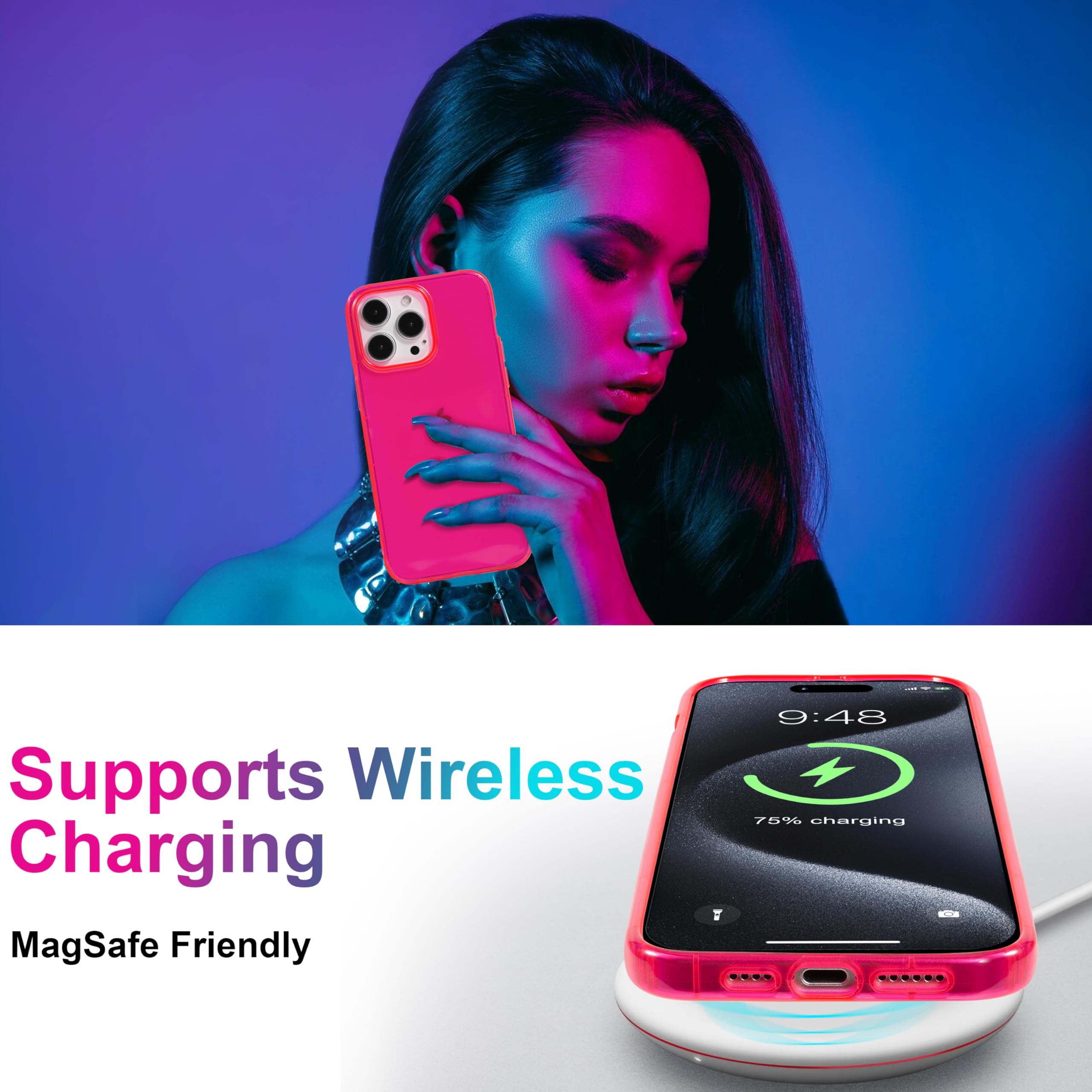 Nycprimetech Iphone 13 Pro Max Case/Neon Pink Case W/Bumper Edge For Iphone 13 Pro Max 6.7 Inch/Slim & Soft Transparent Gloss Ho