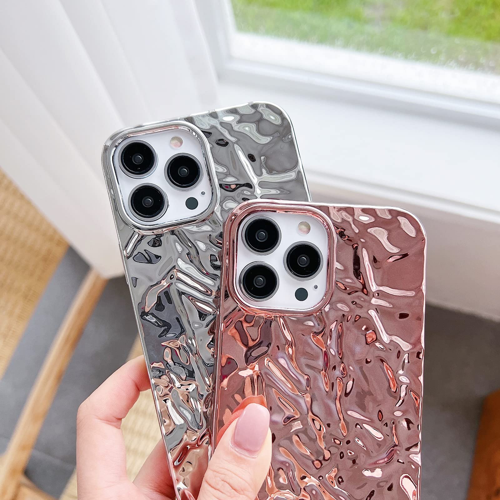 Compatible For Iphone 13 Pro Max Case Luxury Designer Tin Foil Pleated Phone Cover For Women Electroplated Sparkly Silicone Prot