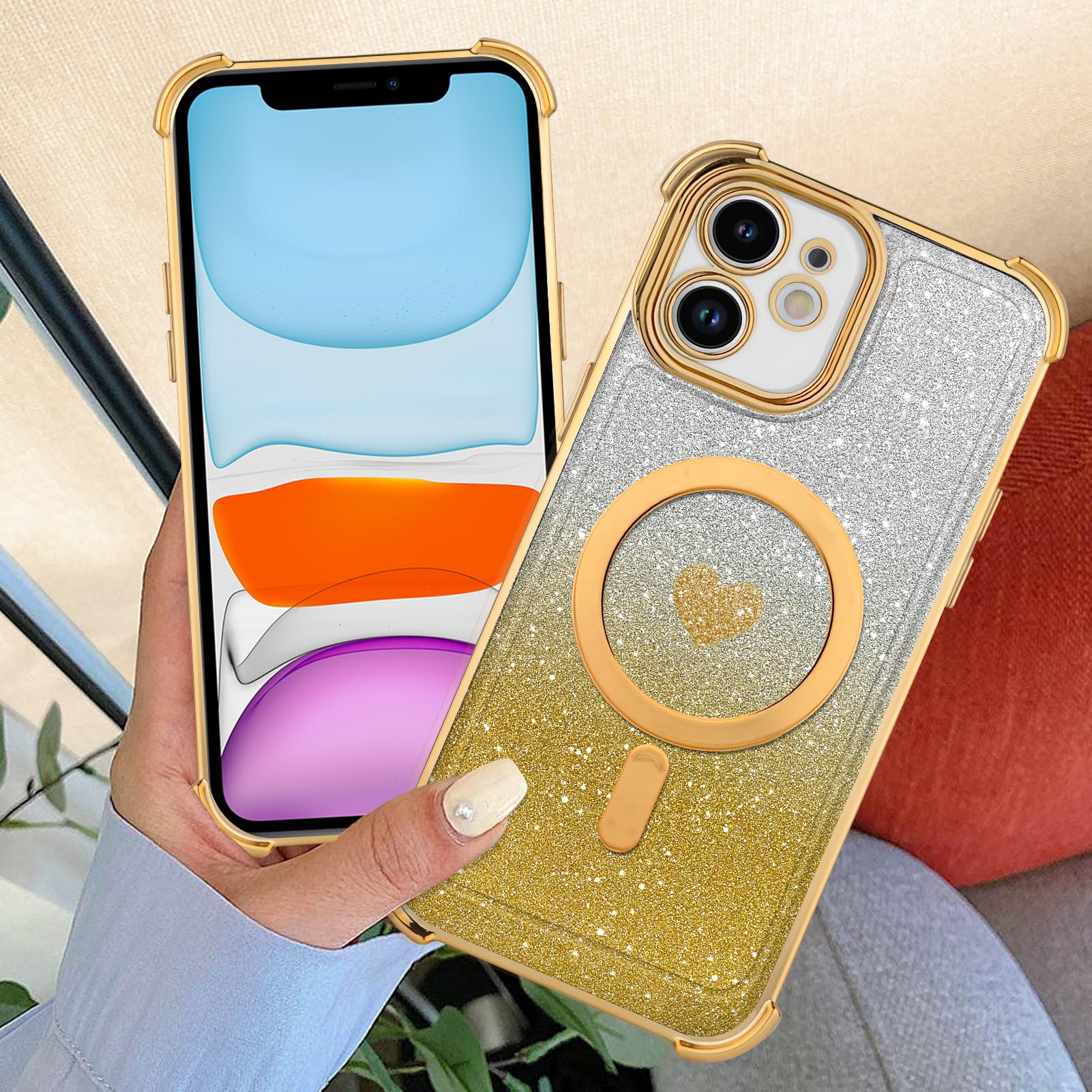 Tharlet Magnetic For Iphone 11 Case [Compatible With Magsafe] Glitter Cute Love Luxury Plating Plating Bling Clear Phone Case Wi