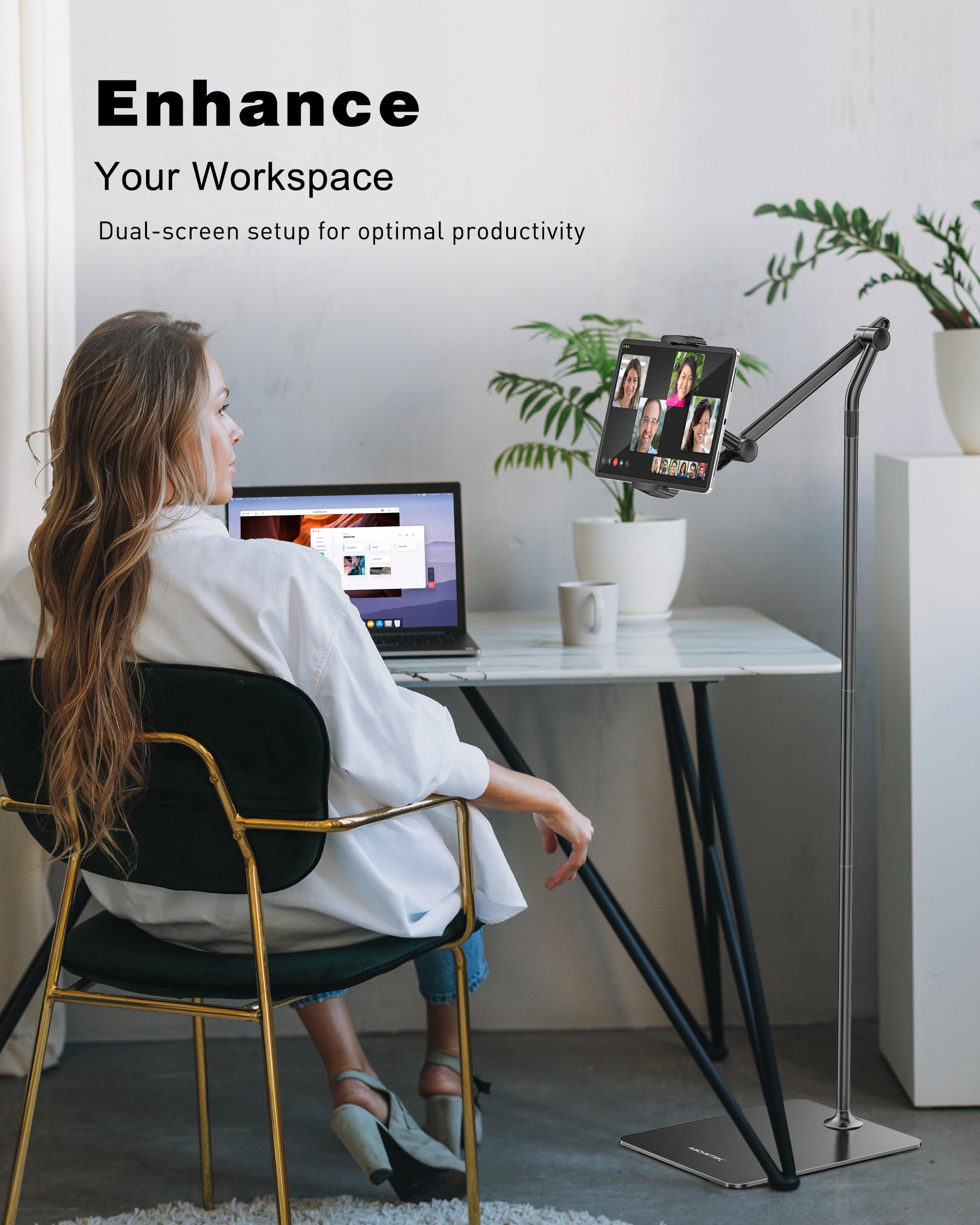 AboveTEK Tablet Floor Stand, Stylish Adjustable iPad Floor Stand, Aluminum 360� Rotation Tablet & Phone Holder for Sofa Bed, Compatible w/ 4.7' 13.5' iPhones, iPad Pro Air Mini 12.9, Tablets, Kindles