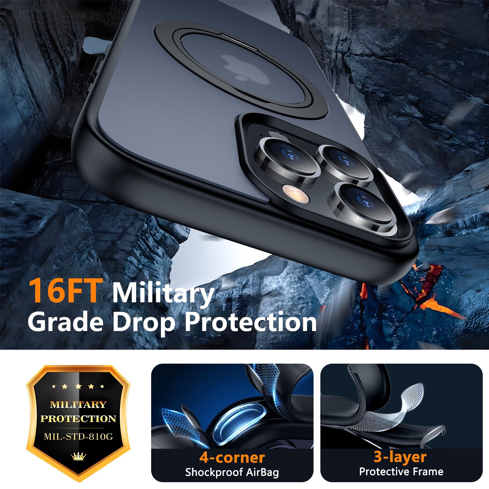 Temdan iPhone 16 Pro Max Case - Matte Black, 360° Rotatable Ring Stand, MagSafe Compatible, Military-Grade Protection, Magnetic Kickstand