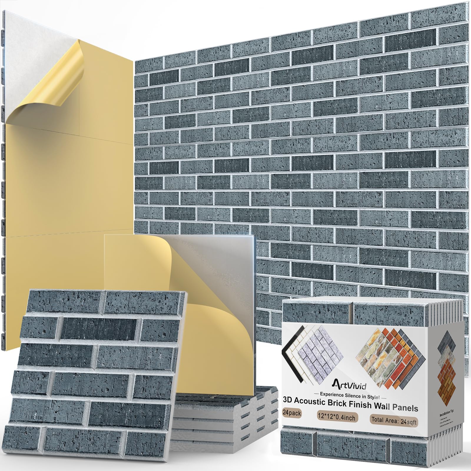 ArtVivid 24Pack Acoustic Panels, 12  12  0.4 Self-Adhesive Brick Sound Proof Foam Panels for Walls, High Density Soundproof Wall
