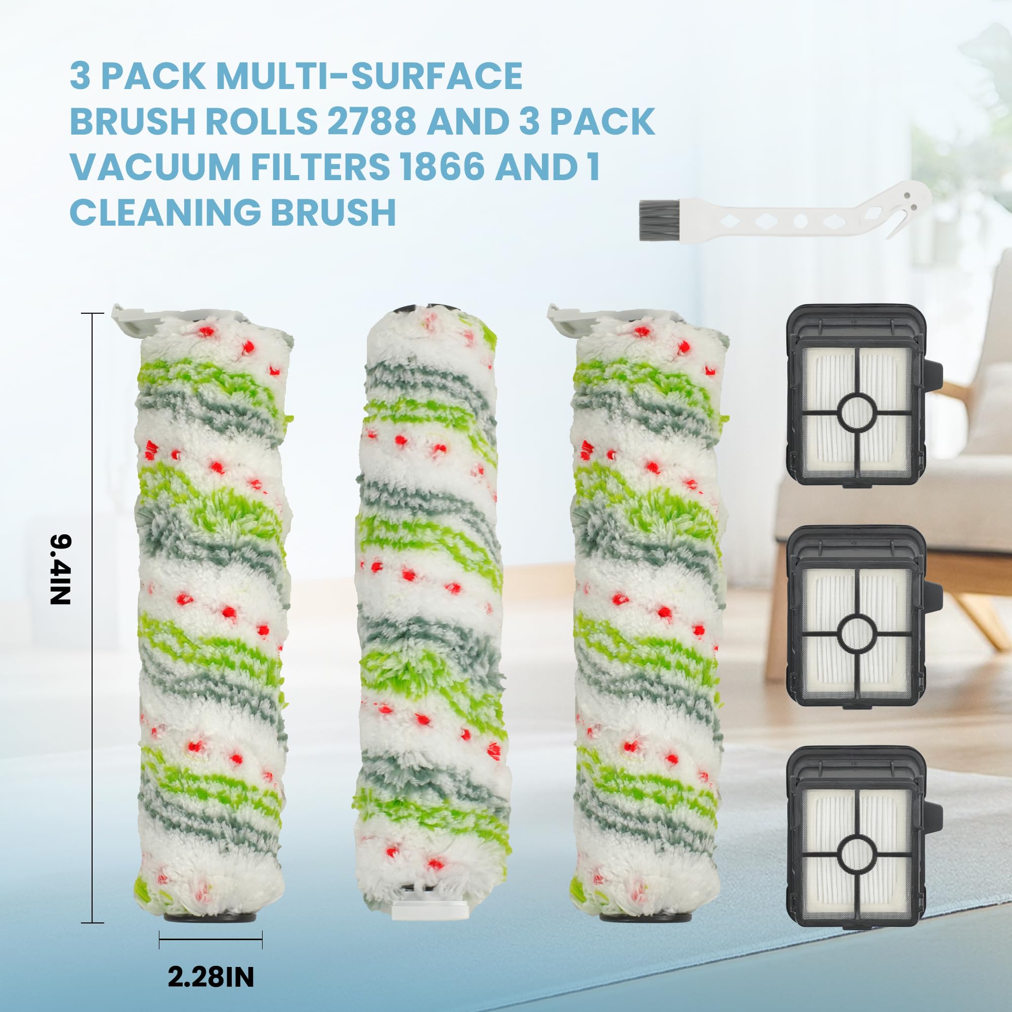 3 Pack Multi Surface Pet Brush Rolls 2788 And 3 Pack Vacuum Filters 1866 Compatible With Bissell Crosswave Max Replacement Parts