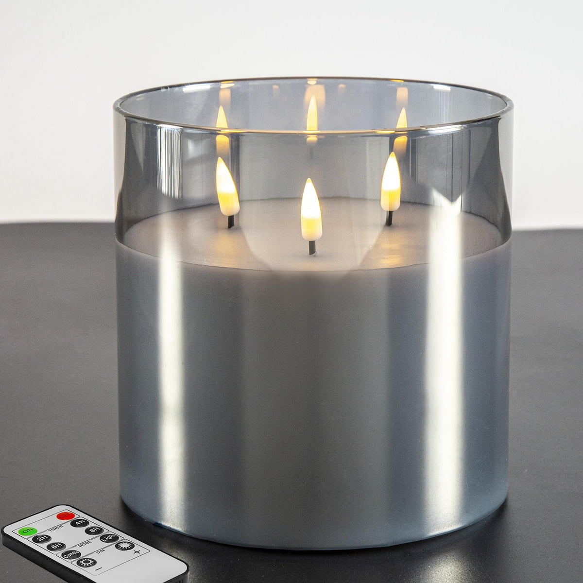 Eywamage 3 Wick Silver Grey Glass Flameless Led Candle With Remote, Flickering Large Battery Pillar Candle Decor F 6'' H 6''