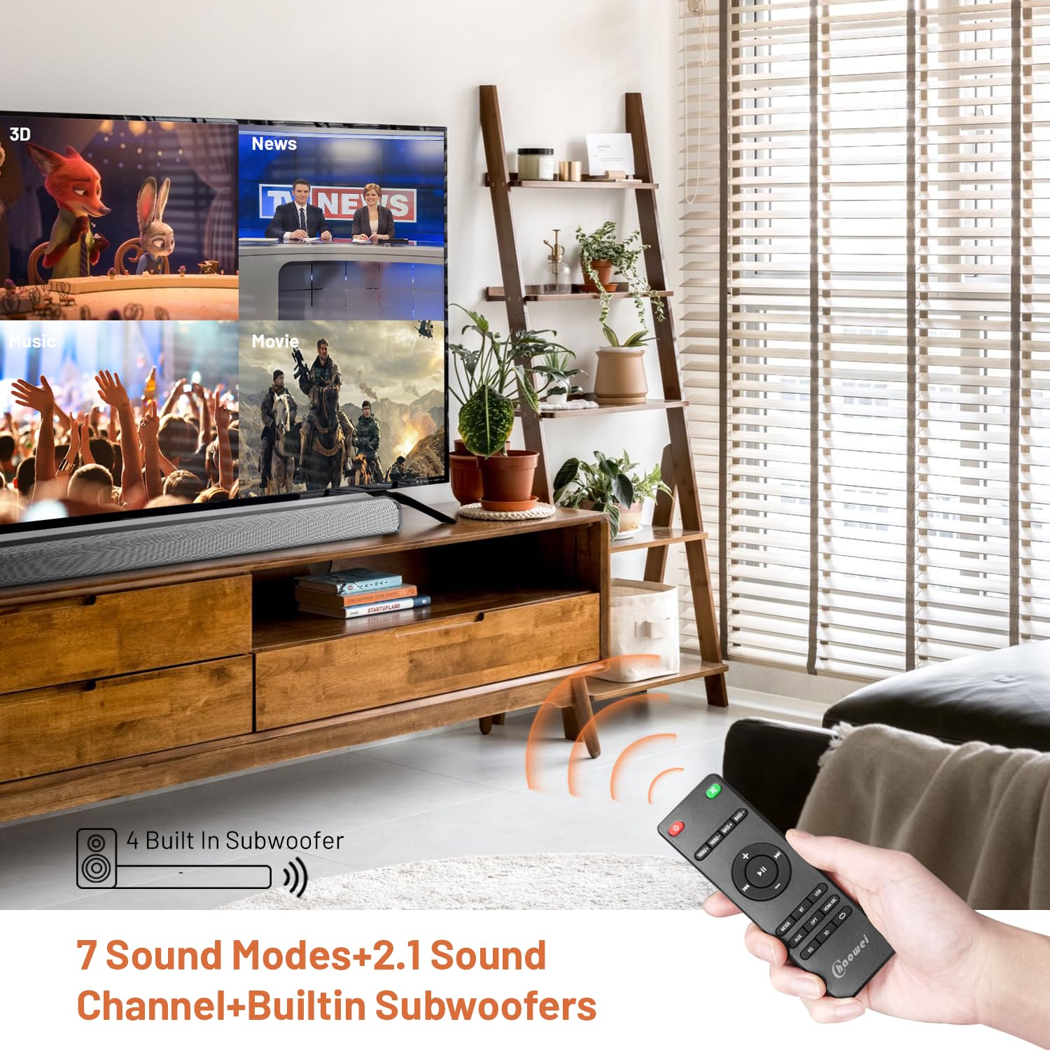 Chaowei 37 Inch 120W Bluetooth 5.0 Sound Bar Speaker For Tv With Builtin Subwoofers, 2.1Ch 3D Surround Sound System With 8 Speakers,7 Sound Modes,4Eq,Aux/Hdmi Arcopt\Usbbt Connect