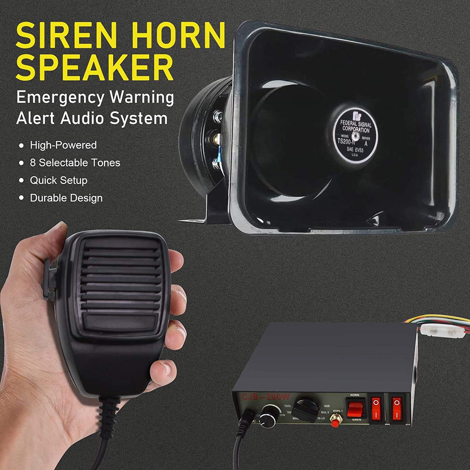 Safego 200W Car Security Siren System, 9 Tones, Handheld Microphone, Emergency Pa, Universal Fit, 12V Dc, 120Db, B200W