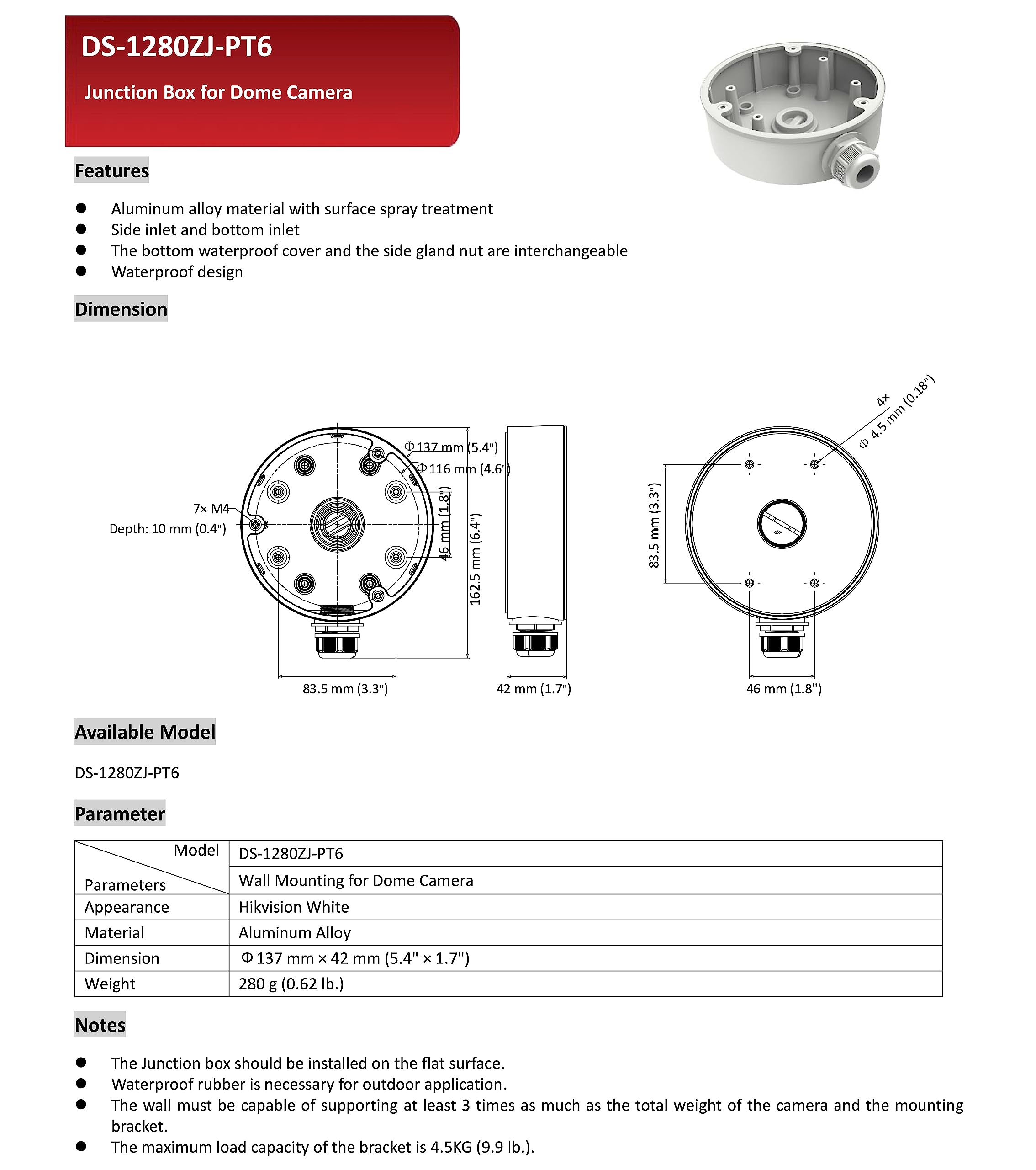 Ds 1280Zj Pt6 Alloy Junction Box Security Camera Accessory Mounting Bracket For Selection Of Turret Speed Dome Ptz Network Surve