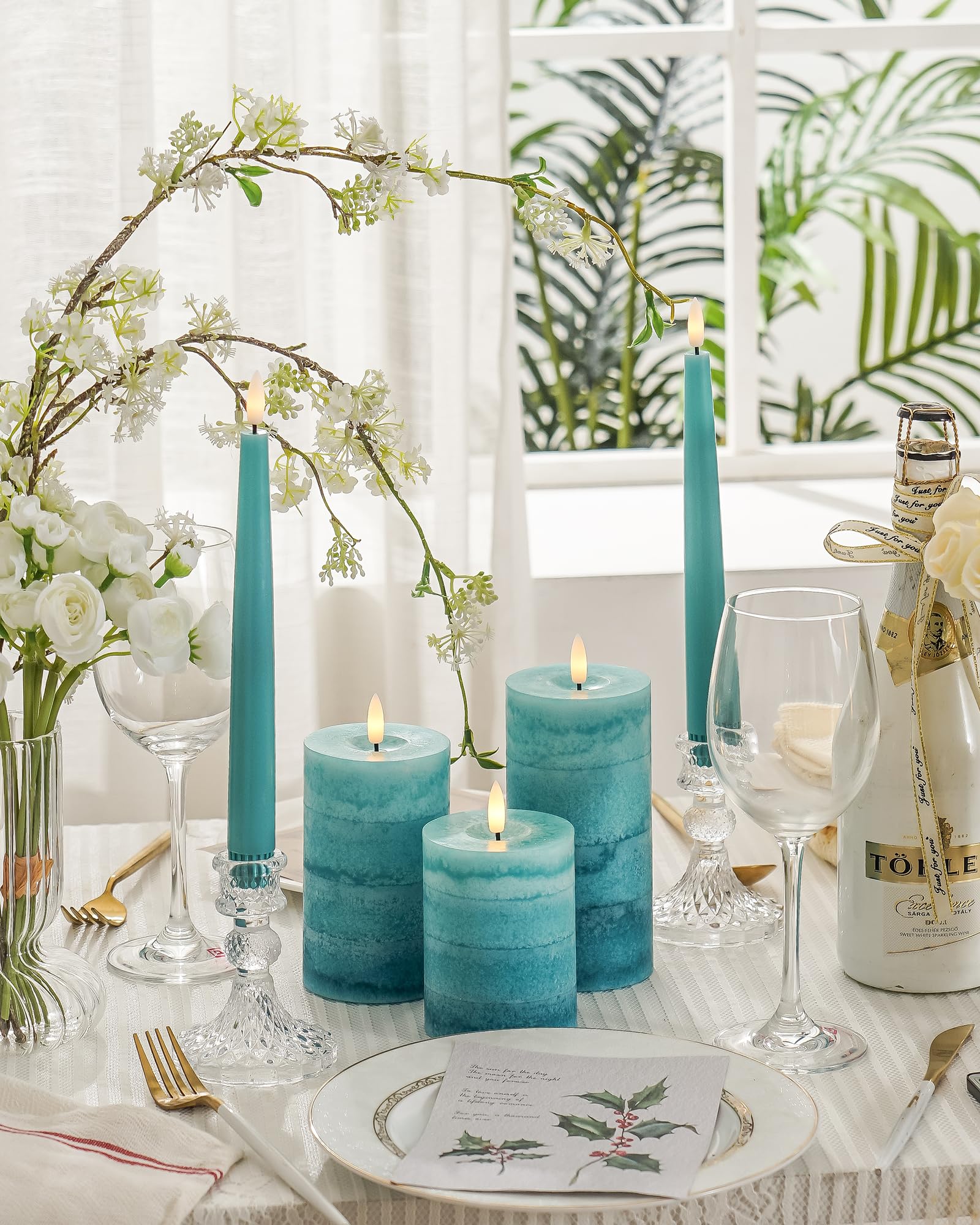 Stmarry Gradient Teal Flameless Candles With Remote And Timer, Real Wax Made Led Pillar Candles Battery Operated With 3D Flicker