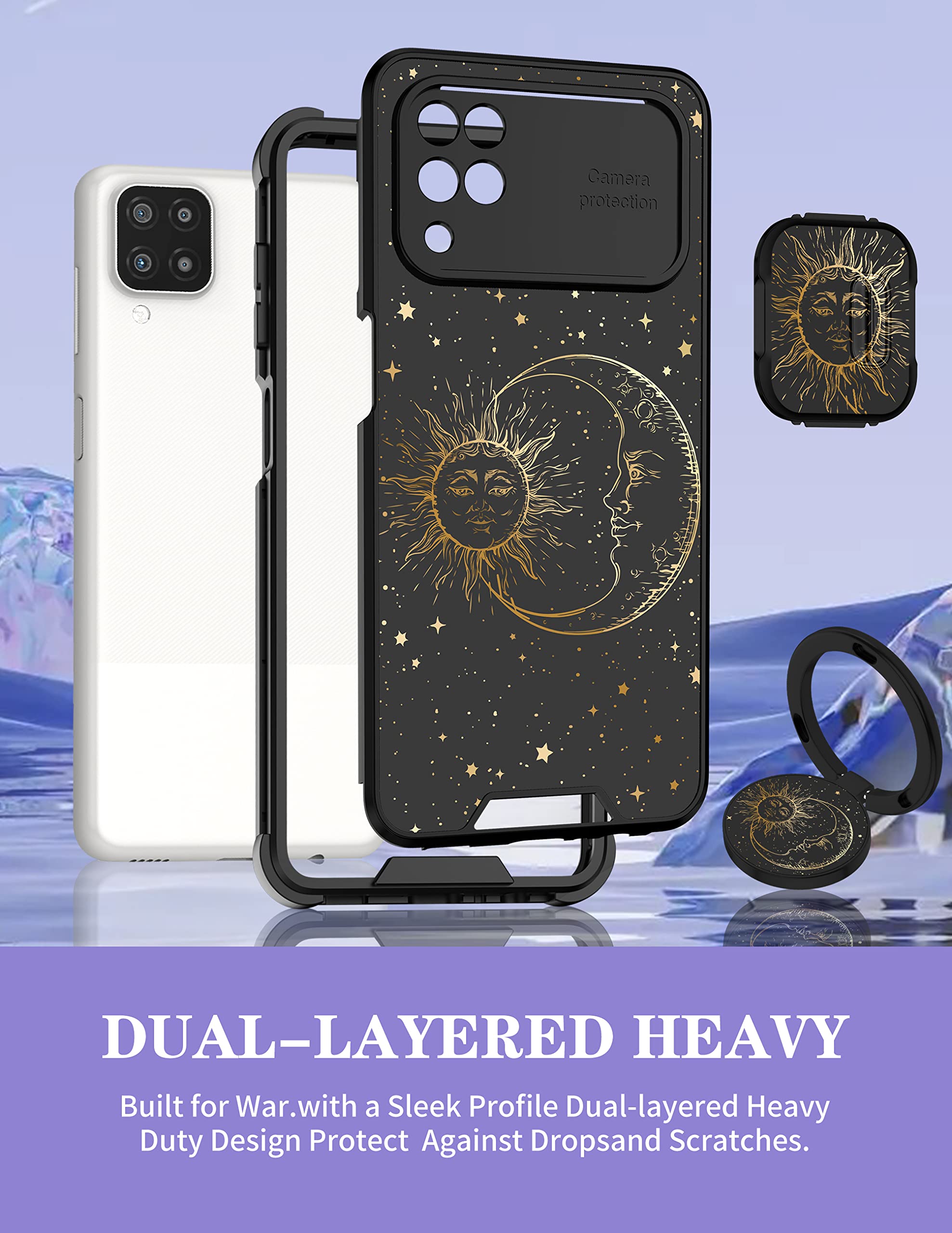 Goocrux (2In1 For Samsung Galaxy A12 Case Sun And Moon Women Girls Cute Stars Space Phone Cover With Slide Camera Cover+Ring Hol
