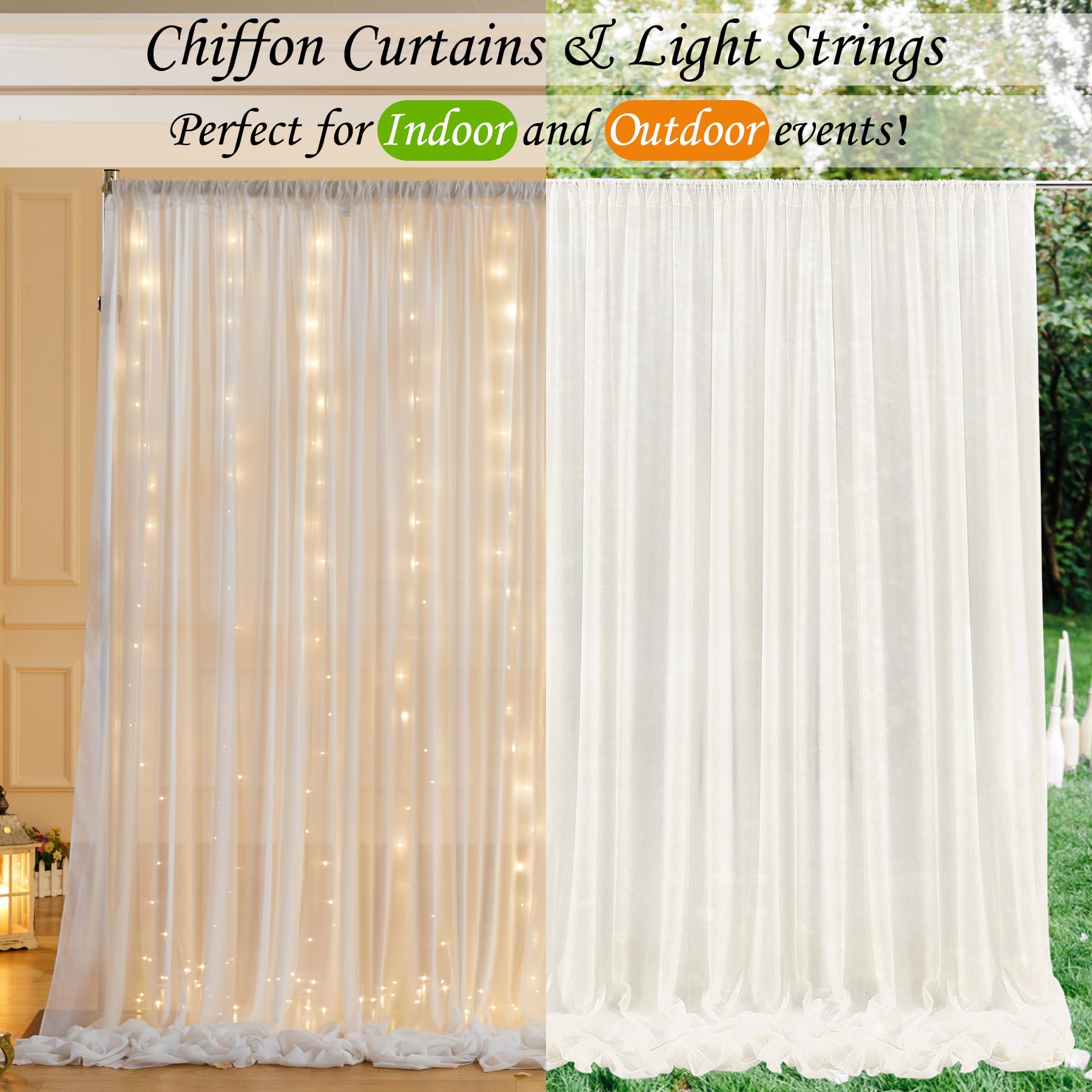 Wish Care 10Ft X 10Ft Cream White Chiffon Backdrop Curtain With Lights String For Parites Wedding Wrinkle Free Curtain Photo Bac