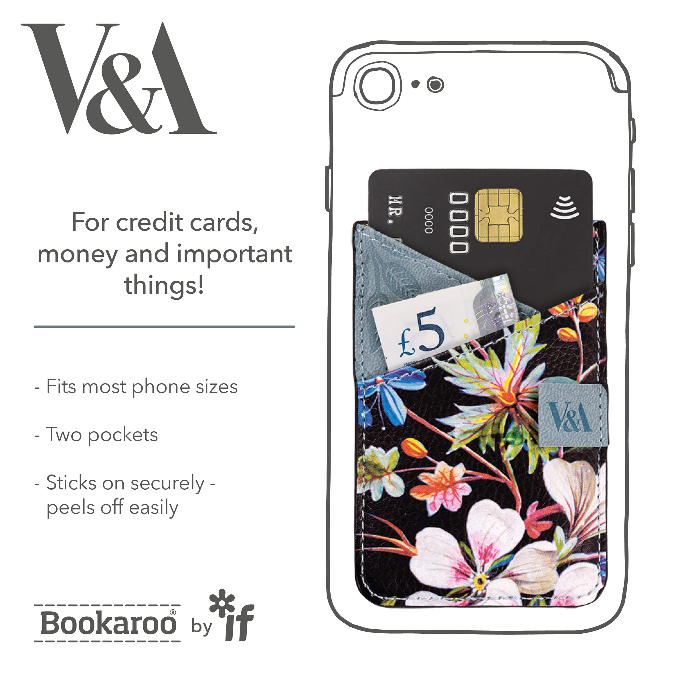 If V & A Bookaroo Phone Pocket Kilburn Black Floral,One Size
