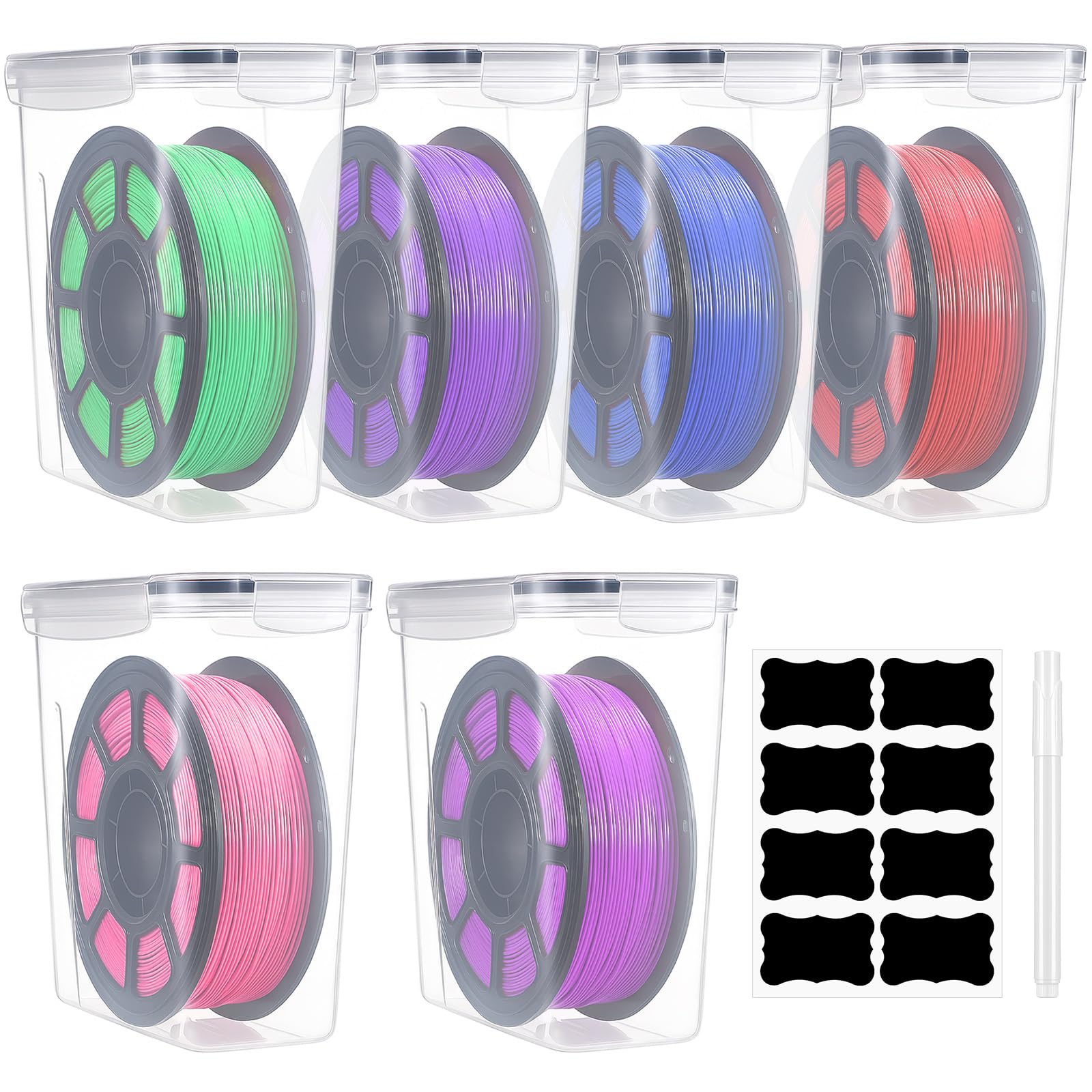 Blushtier 6 Pcs Large Filament Storage Box with Lids 3D Printer Dryer Clear Box Portable Storage with Label for 3D Printing Fila