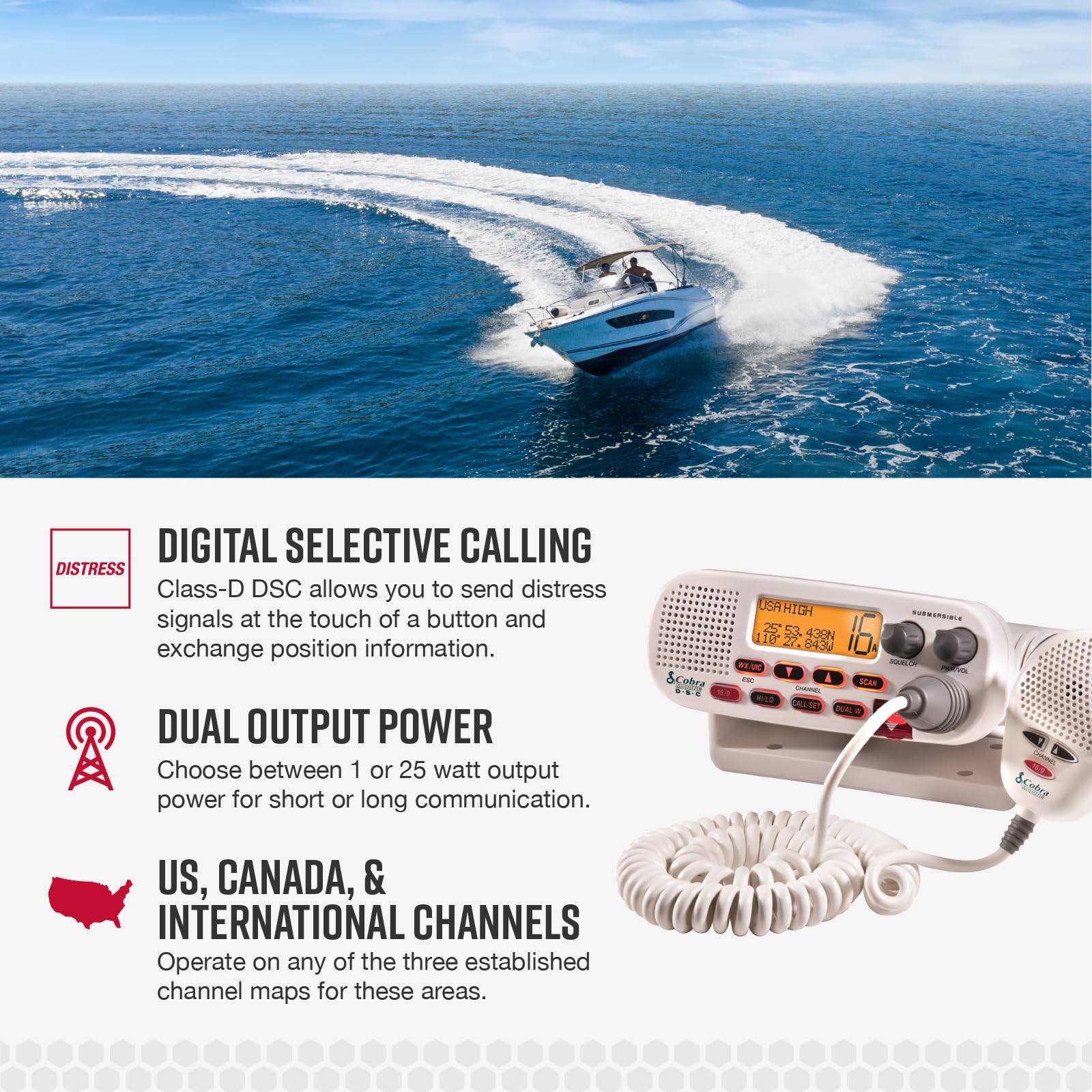 Cobra Mr F45 D Fixed Mount Vhf Marine Radio     25 Watt Vhf, Submersible, Lcd Display, Noise Cancelling Microphone, Noaa Weather