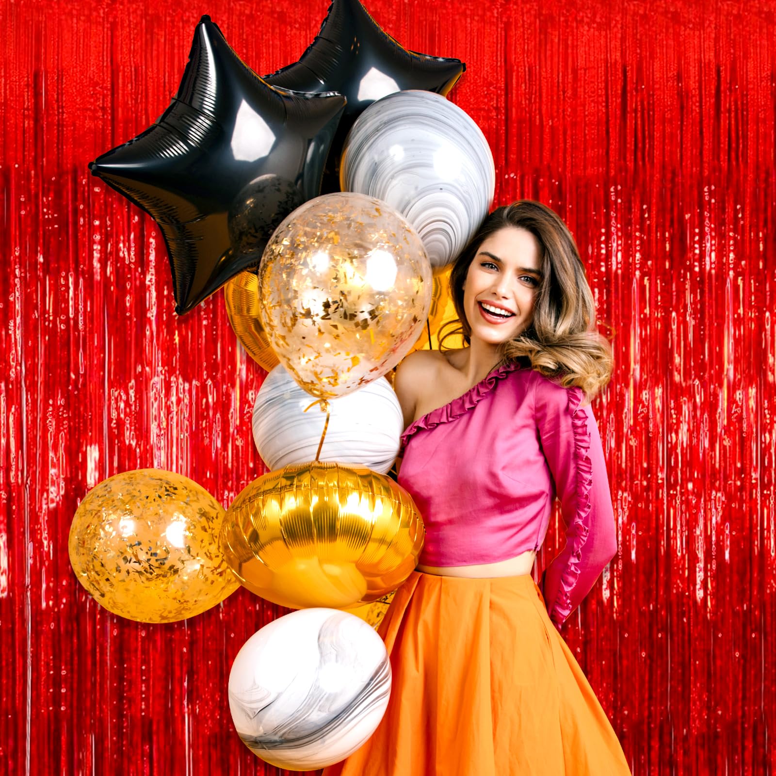 3 Pack Red Foil Fringe Curtain Backdrop, 3.28Ft X 8.2Ft Metallic Tinsel Foil Fringe Streamer Curtains For Photo Booth, Valentine