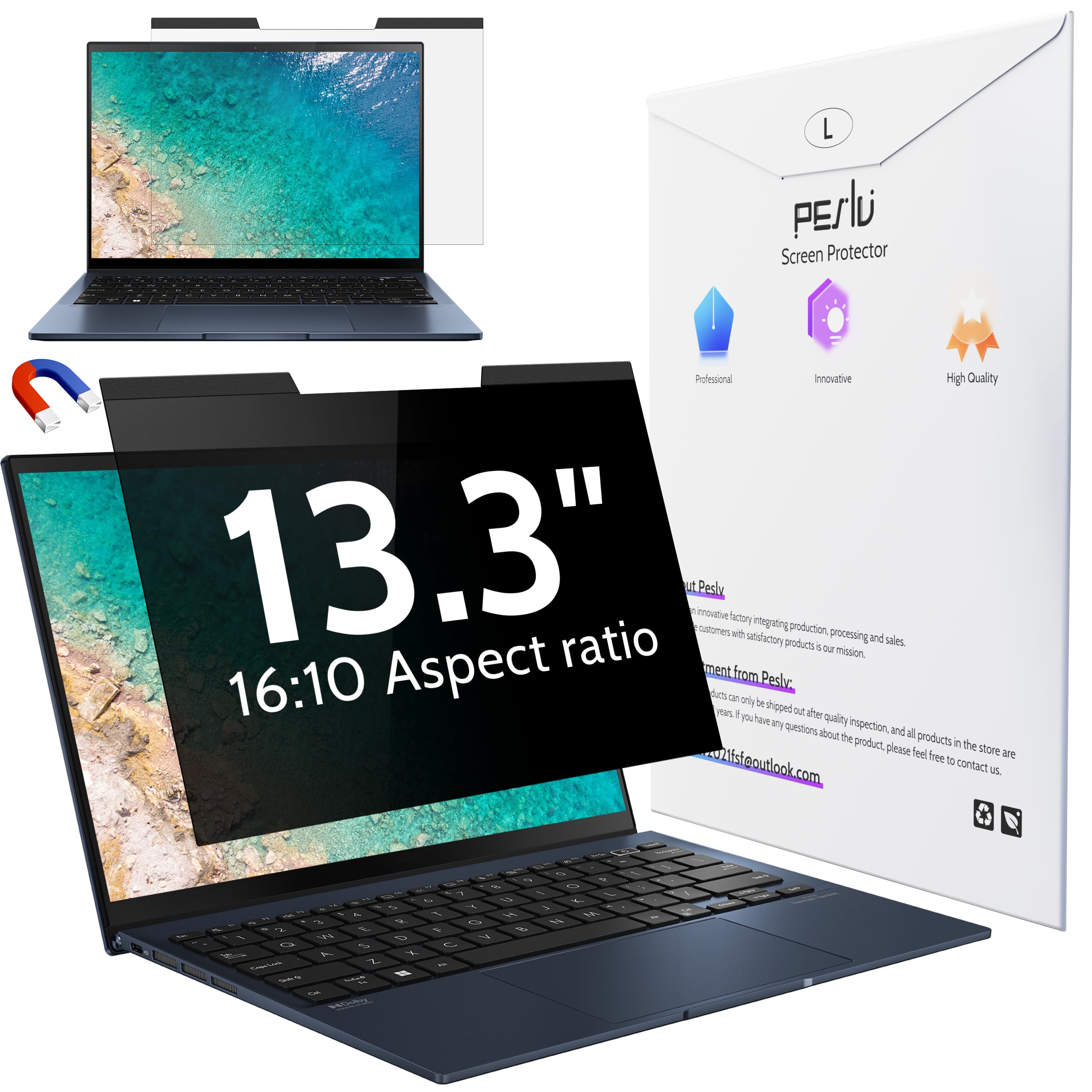 Peslv Magnetic Laptop Privacy Screen 13.4 & 13.3 Inch For 16:10 Computer Monitor, 13'' Removable Anti Glare Protector Blue Light