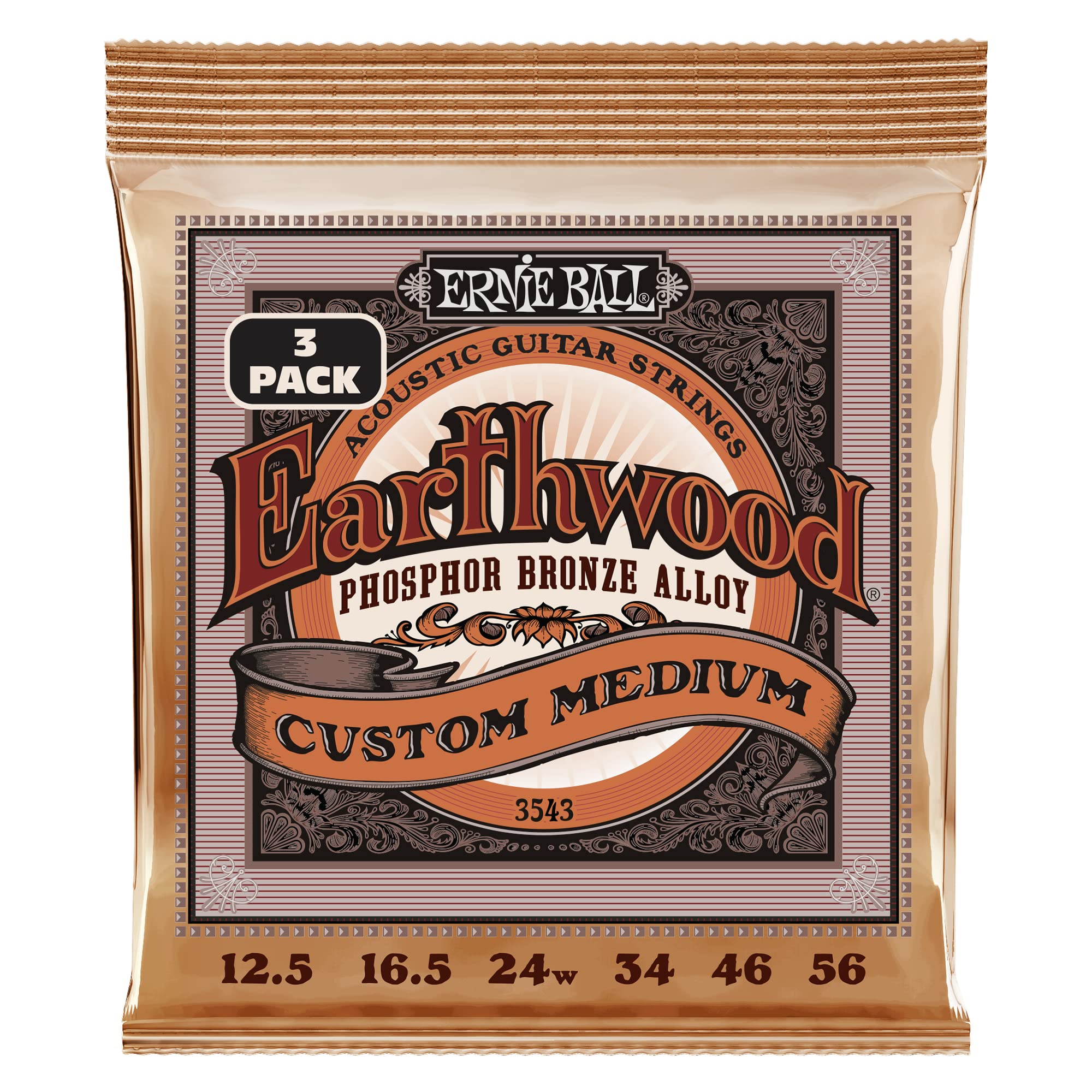 Ernie Ball Earthwood Custom Medium Phosphor Bronze Acoustic Guitar Strings, 3 Pack, 12.5 56 Gauge (P03543)