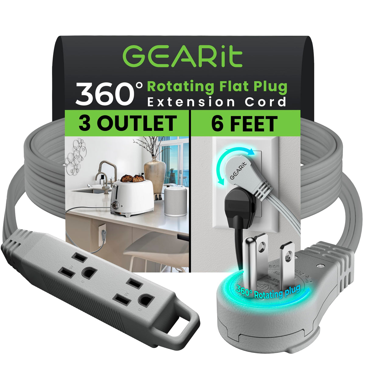 Gearit 360 Rotating Flat Plug Short Extension Cord With 3 Outlets (6Ft, Gray) 16Awg/13A 3 Prong Wire, Outlet Saver For Home Offi