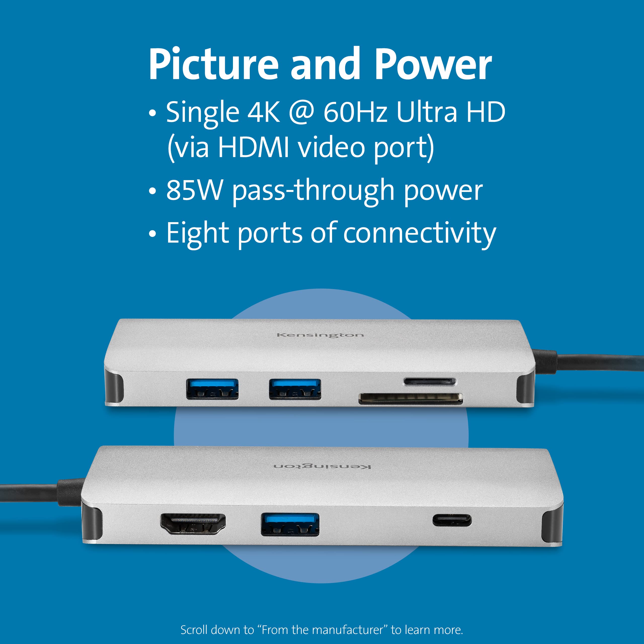 Kensington Uh1400P 8-In-1 Usb-C Hub With 85W Pass Through Charging Power Delivery, 4K 60Hz Hdmi, Ethernet, Microsd Card, 3 Usb-A