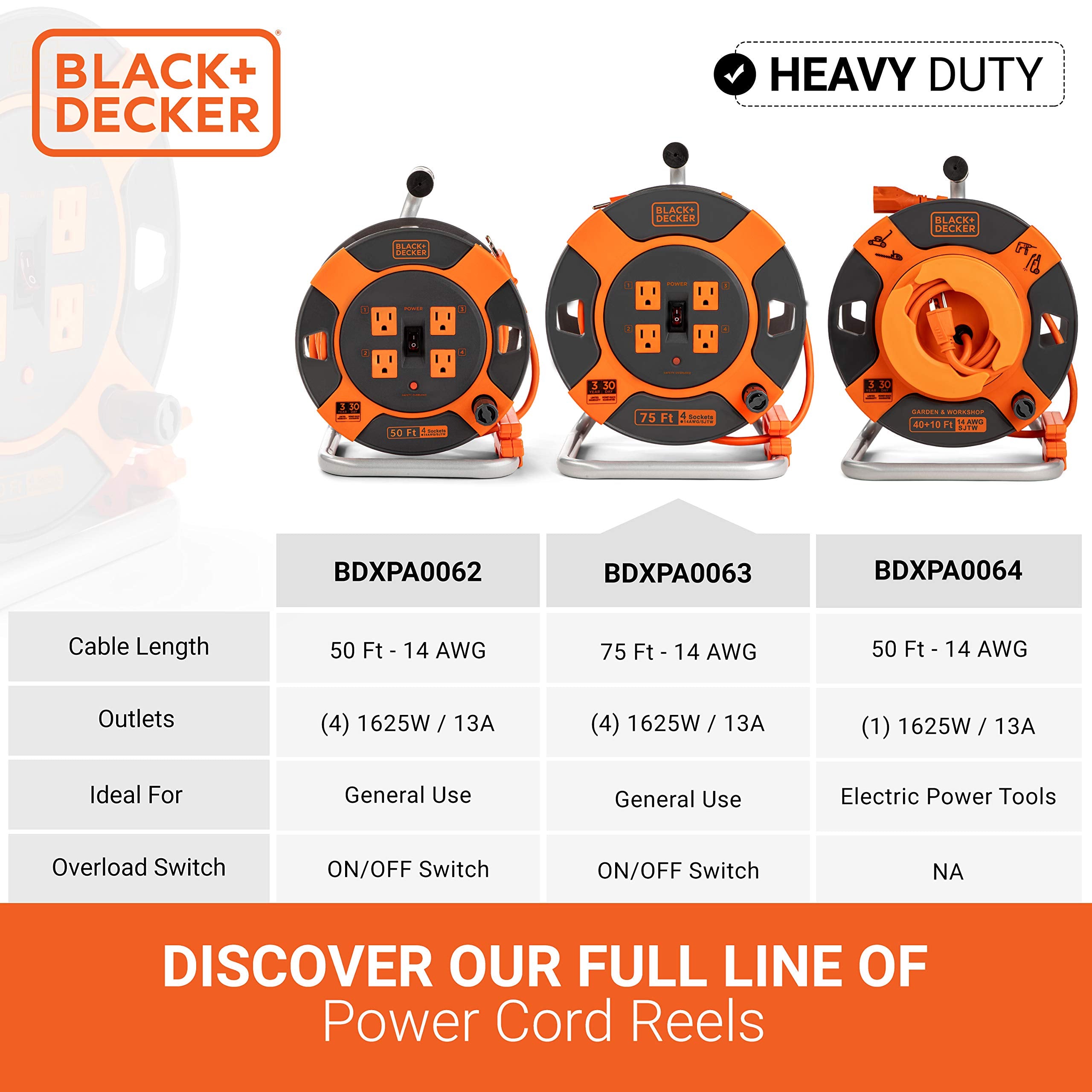 Black+Decker 75 Ft. Retractable Extension Cord Reel With 4 Outlets, Multi Plug Extension, Easy Handle Rewind & Heavy Duty 14Awg