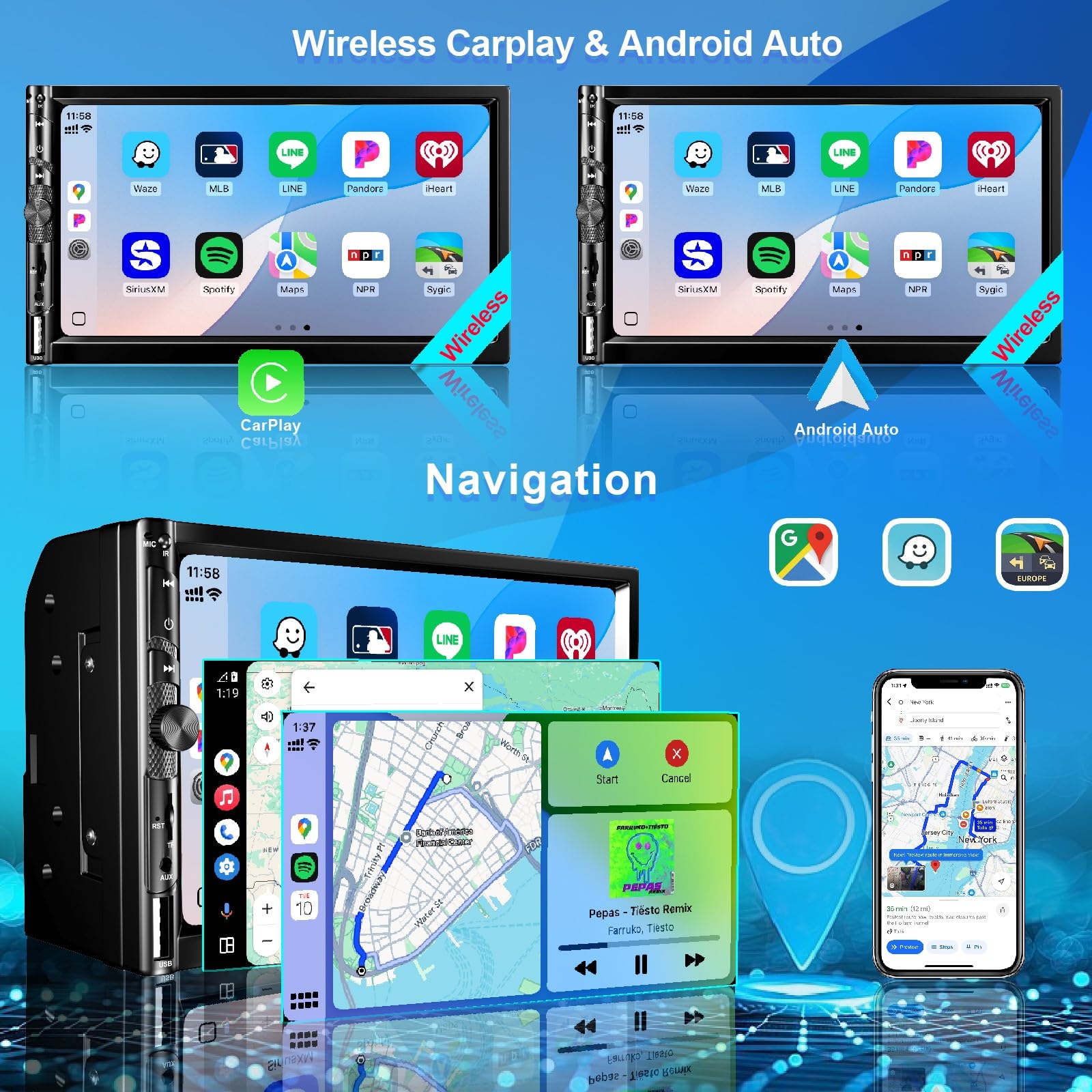 7Double Din Car Stereo With Wireless Apple Carplay Android Auto, Car Radio Bluetooth 5.2, Ips 1024 600 Touch Screen, Backup Came