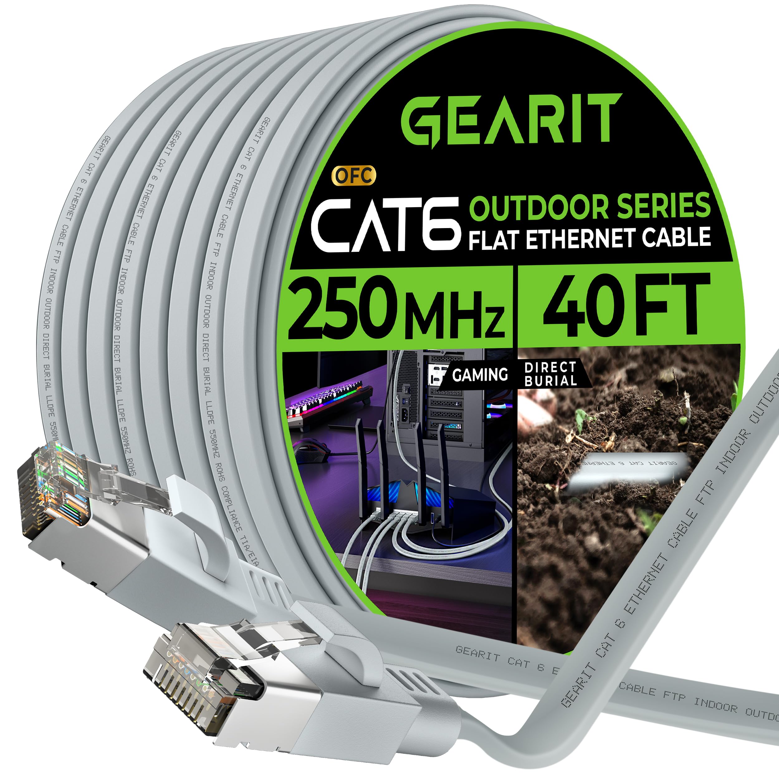 Gearit Cat 6 Outdoor Flat Ethernet Cable (40Ft, Gray) Direct Burial Rated Lldpe Jacket   Indoor Cat6 Shielded Ftp 10Gbps High Sp
