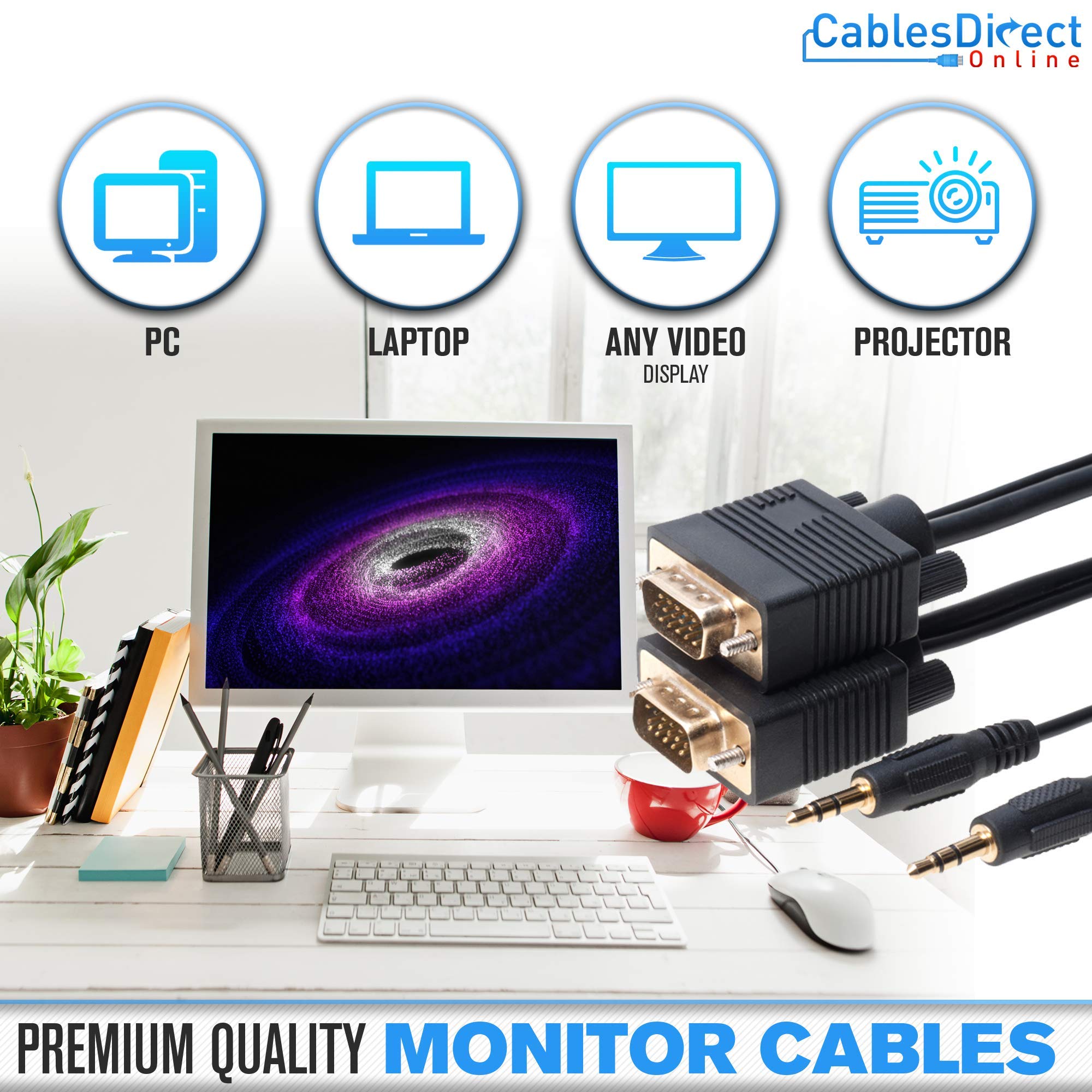 Cables Direct Online 50Ft Svga + Audio Monitor Cable   Male To Male Vga To Vga 1080P For Pc, Projector, Laptop, Tv