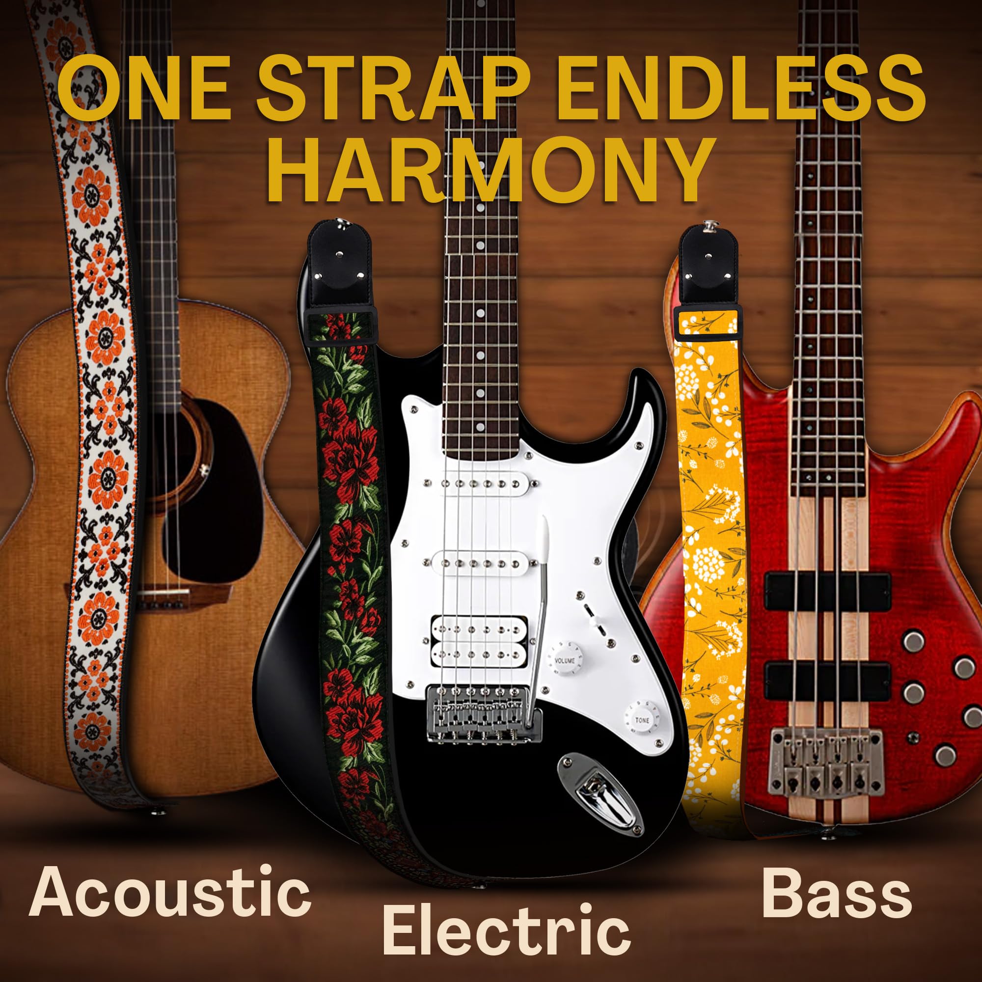 Guitar Strap For Acoustic Guitar , Electric Guitar And Bass Guitar, Adjustable Flowers Cotton Guitar Strap W/ Free Bonus 2 Picks