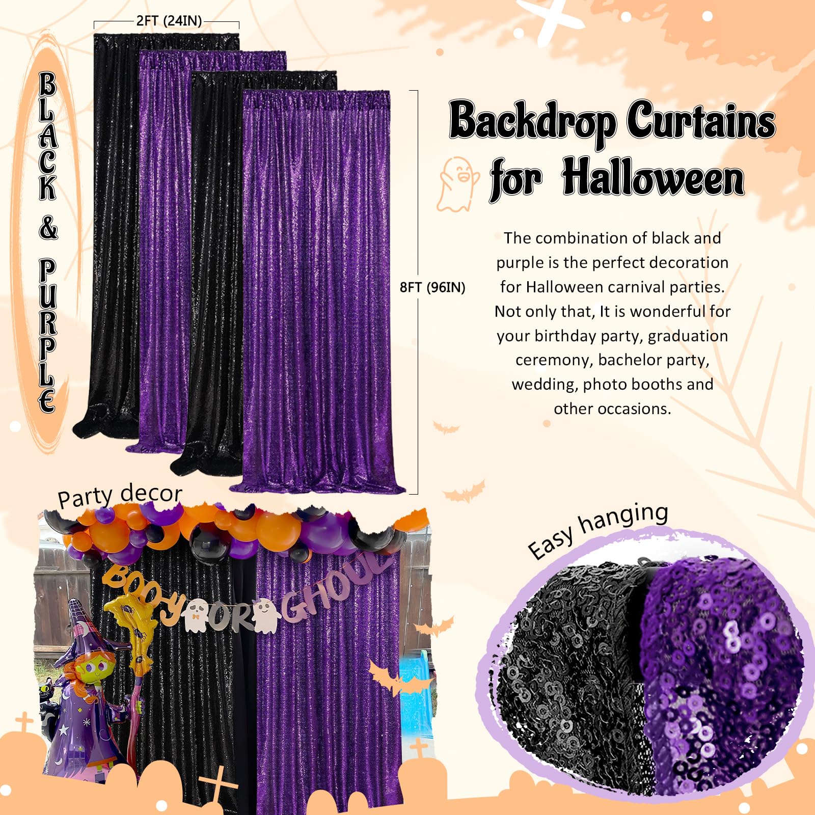 Purple Sequin Backdrop 2 Panels 2Ftx8Ft Glitter Halloween Party Backdrop Curtains Photo Background For Wedding Baby Shower Stage