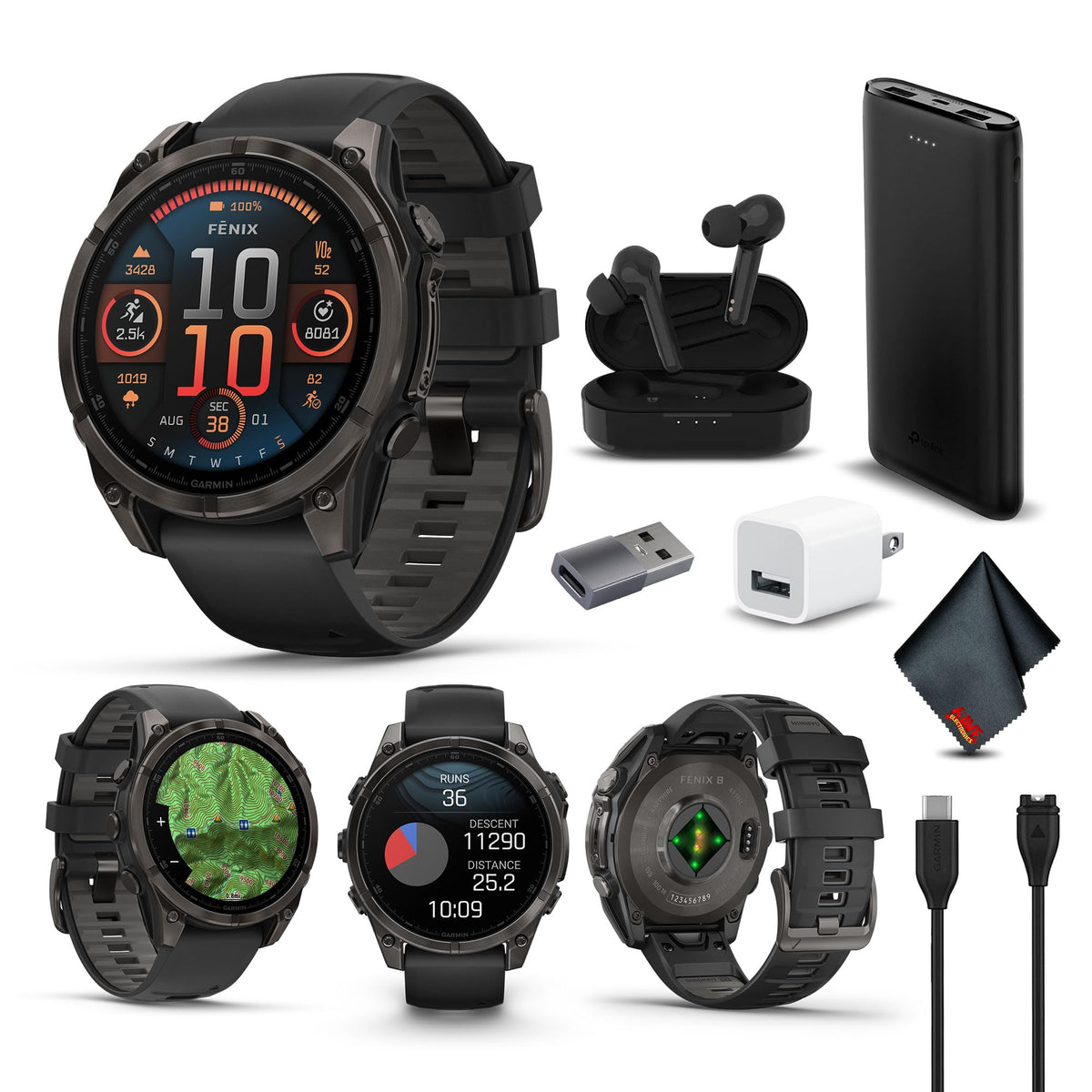 Garmin Fenix 8 47Mm Amoled Sapphire Premium Multisport Gps Smartwatch Carbon Gray Dlc Titanium With Black Gray Silicone Band, Bu