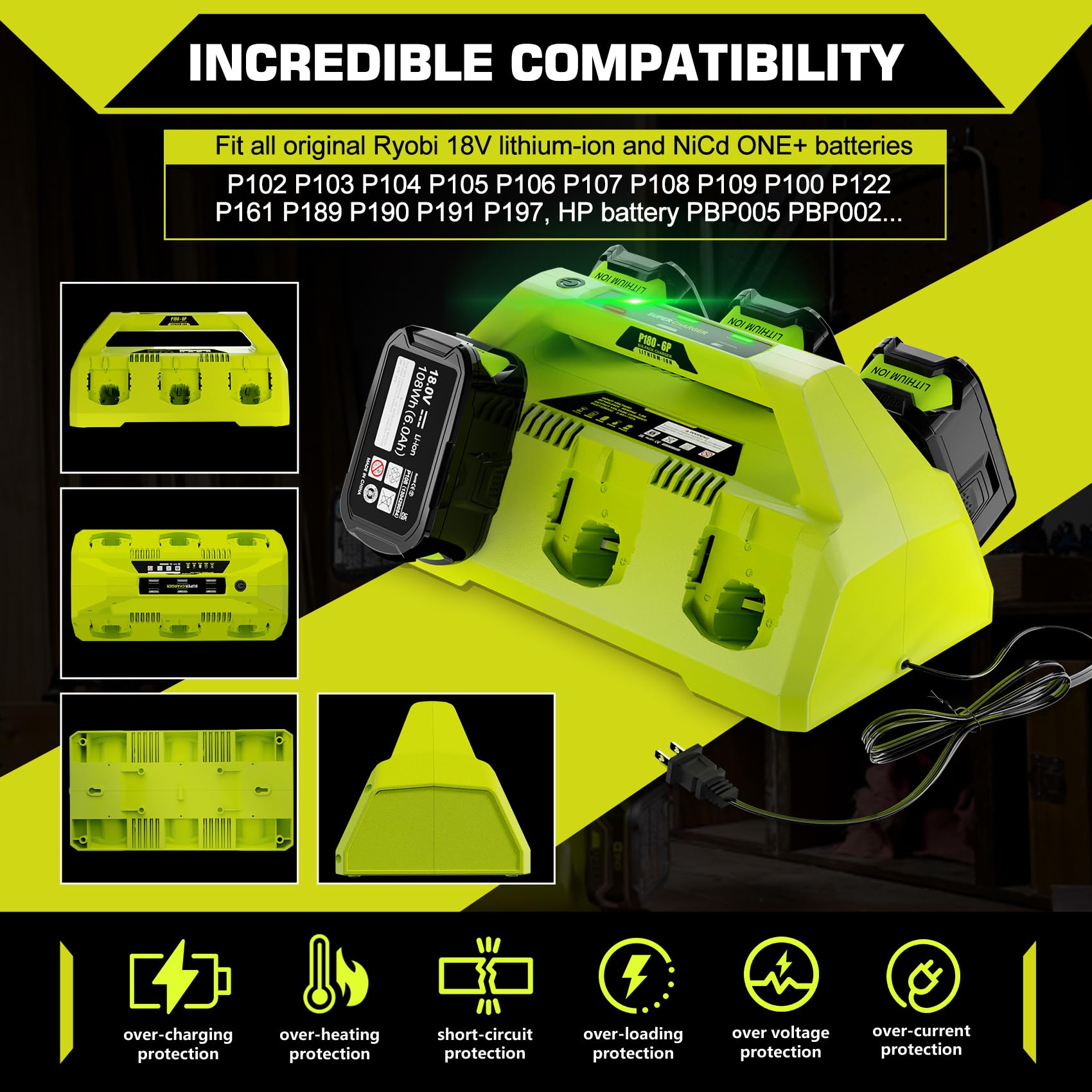 Supowill P135 18V 6 Port Charger For Ryobi 18V Battery Charger, Compatible With Ryobi One+ Battery P102 P103 P104 P105 P106 P107