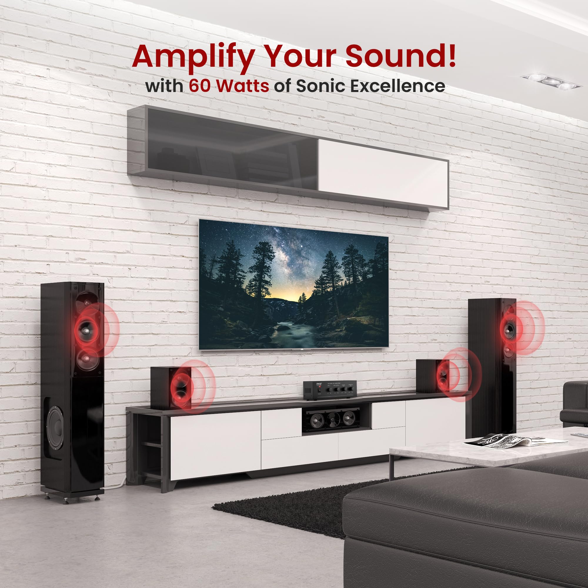 Pyle Compact Mini Home Power Amplifier - 60W Smart Small Indoor Audio Stereo Receiver W/ Rca, 2 Microphone In, 25/70 Volt Output