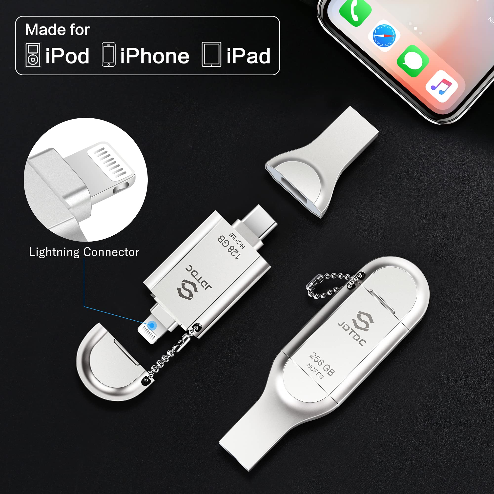 JSL JDTDC iPhone Flash Drive 256GB - MFi Certified, Secure Encrypted, Silver, Model JD006, External Storage for Photos & Files