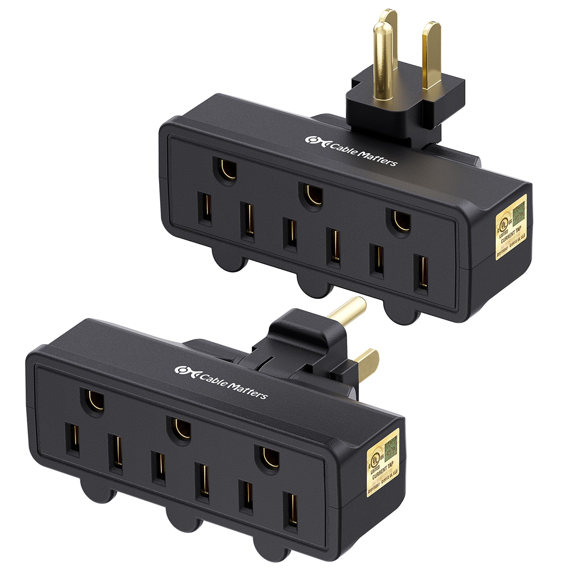 [Ul Listed] Cable Matters 2 Pack 3 Outlet Grounded 180 Degree Swivel Wall Tap, 3 Plug Wall Adapter, Multi Plug Outlets, Black
